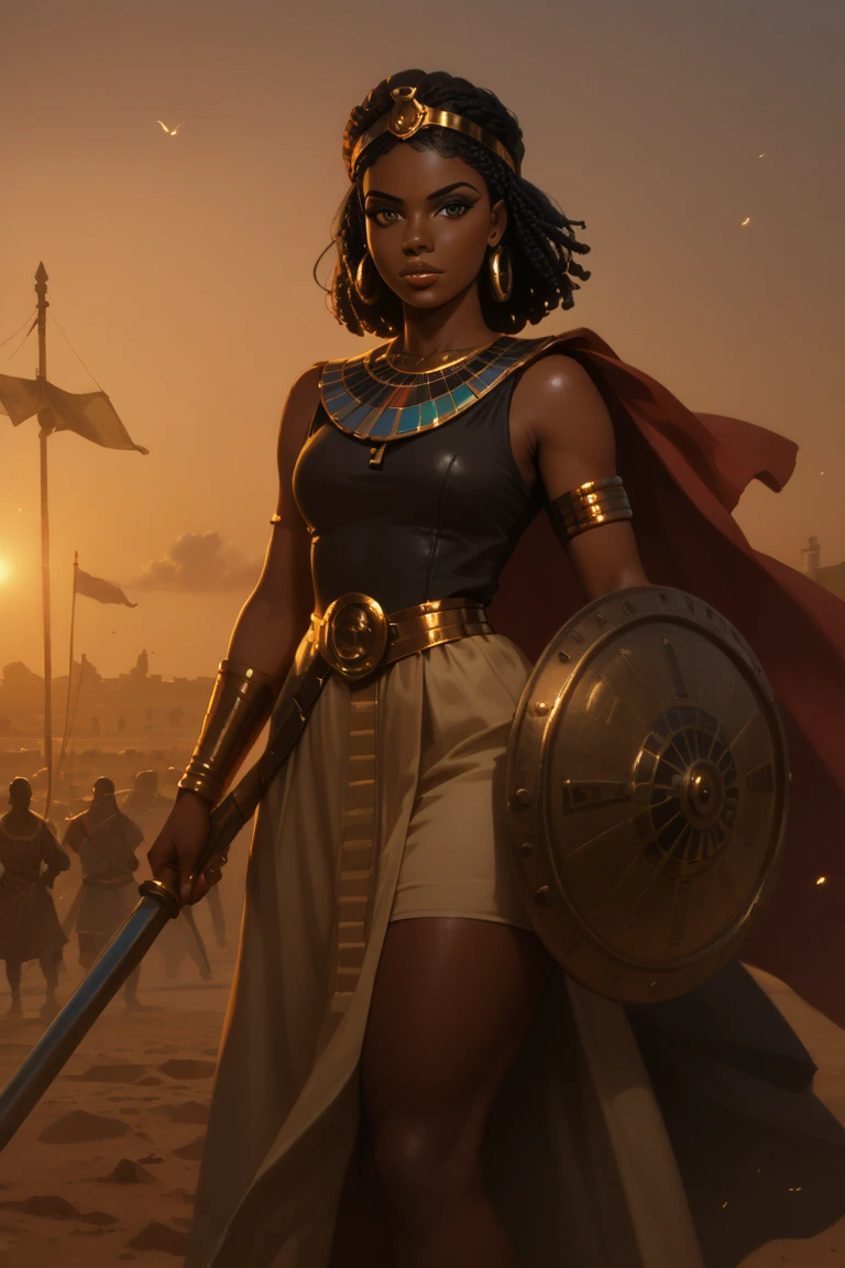 (masterpiece, 8K, realistic style by Greg Rutkowski:1.3), Queen Nzinga, (17th-century southwest African warrior attire:1.2), bold expression, long spear in hand, at battle's front, her soldiers, rallying cries, expansive African plains, dusty battle scene, intense sun, (heat haze:1.2), dynamic angles, vibrant, action-filled, looking at viewer.