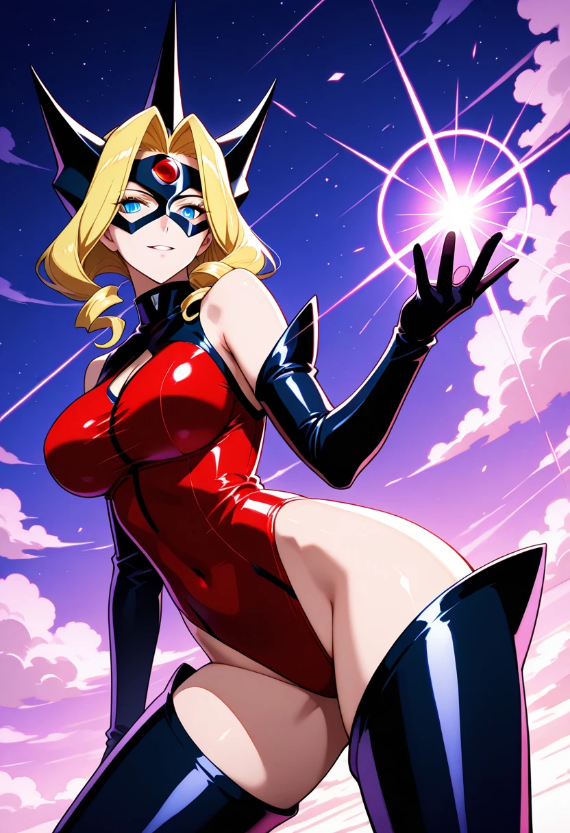 (masterpiece:1.3),(highest quality:1.4),(Super detailed:1.5),8k,High resolution,(an extremely delicate and beautiful:1.8),Official Art,Perfect Anatomy,(90s anime,90s anime style,Cel-shaded anime:1.17),(anime screencap,anime coloring:1.25),((Doronjo:1.52)),Perfect Face, (Accurate hand and finger depiction), (Doronjo Mask), ((Black see-through leotard costume)), ((A large red D is engraved on the front of the mask)), , (shining eyes),highly detailed eyes, highly detailed eyes, focus of the eye,(Expertly crafted shine,sky blue lens flare:1.7),(blue glowing eyes:1.17),(Raging Eyes:1.24),(expression of joy:1.5), Color Theme Red,octane rendering, nffsw,rainbow paint drop,Paint Teardrop, woman made up of paint, full painting, (movie background),splat, splash, indoors,Dark and blurry background,floating in the sky,close,dynamic angle,sunset,Night parking lot, (best lighting,very delicate and beautiful),Detailed beautiful shine, (soft light:1.2),(Soft lighting in gold tones),,Warm and soft lighting,dramatic light,((cinematic light)), (Movie masterpiece),(cinematic headlights),ambient occlusion,ambient light,Violently,powerful,Absolutely eye-catching splashes of color,((caustic)),raytraced reflections,light shines,waiting for happiness to begin, she is in golden palace with marble pillar. she sits on golden throne, crossed legs, wide shot,