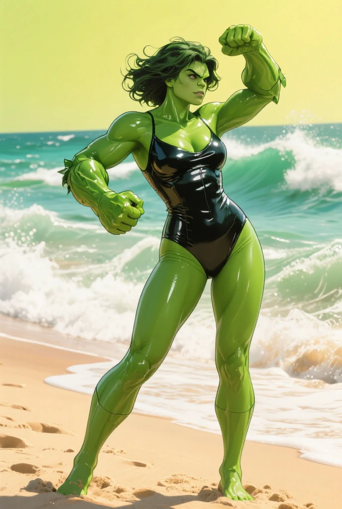 1 girl.green skinned She-hulk muscular, matt pale green body paint, matt pale green face paint. medium breasts, toned, athletic. Long black hair , brown eyes, wearing black swimsuit on a tropical beach.dynamic action pinup poses