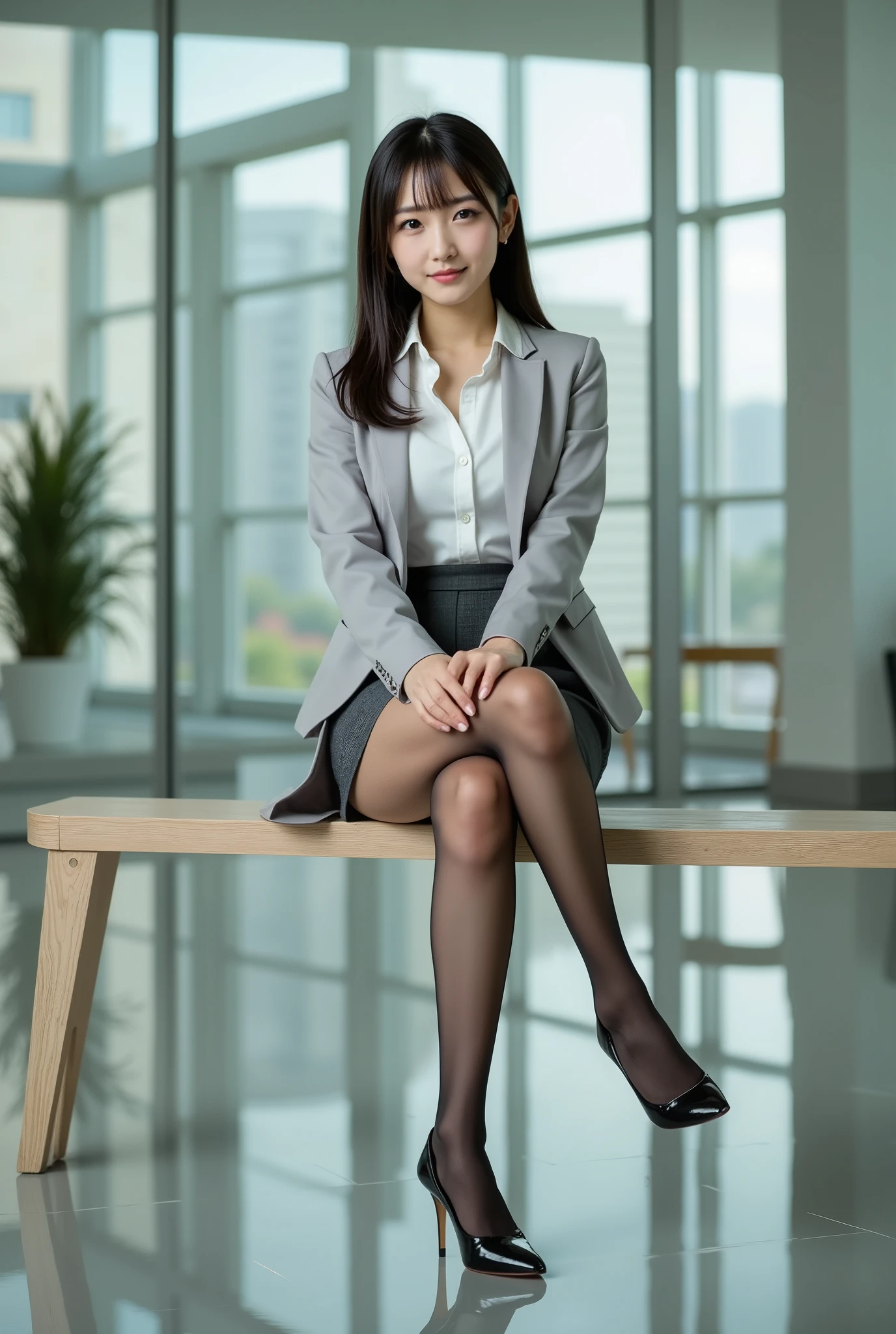 (Highest quality、Ultra-high resolution、masterpiece、8K、Realistic raw photo)、(Delicate face、Detailed eyes and face、Watery eyes、double eyelid、Glossy lips), ((1 girl)) 、Very beautiful woman、Slender、Slim Big、Sharp long legs、Enchanting and luxurious、(Random color collared shirt:1.1)、(Random color long skirt:1.3)、(silk pantyhose:1.1)、(High heels)、Cleavage、High-definition skin texture、Kind expression、In the office、Sitting in a chair、Full Body Portrait、Professional Lighting