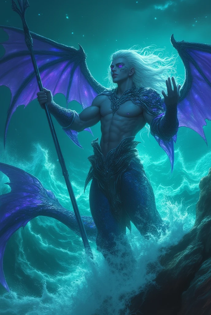 4k realism, (water element, humanoid body made of water: 1.2) sapphire aesthetic, full body, sky background, fantasy art, made of water, body of water, monster, male, male element, masculine, double exposure of otherworldly seascape, fused with the image of Neptune's trident piercing the surface of the water, creating dramatic energy and waves, palatial figures of gods towering in the background, evoking a sense of power and control over the power of the sea, illustrations, digital art