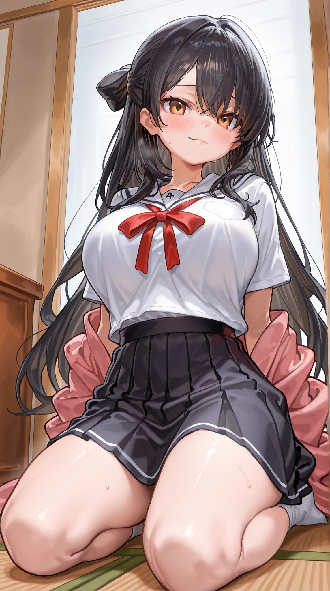 wavy black hair, piercing look with deep red eyes, average stature, Silky hair with a ponytail hairstyle collected with a red bow with two white lines., lying in her bed ,unclothed , has a vagina, has breasts,NSFW, poses perverteds, lustful look, perverted, wearing a top, wearing a mini skirt, you can see her underwear under her skirt, showing my ass to the camera, pink lingerie panties