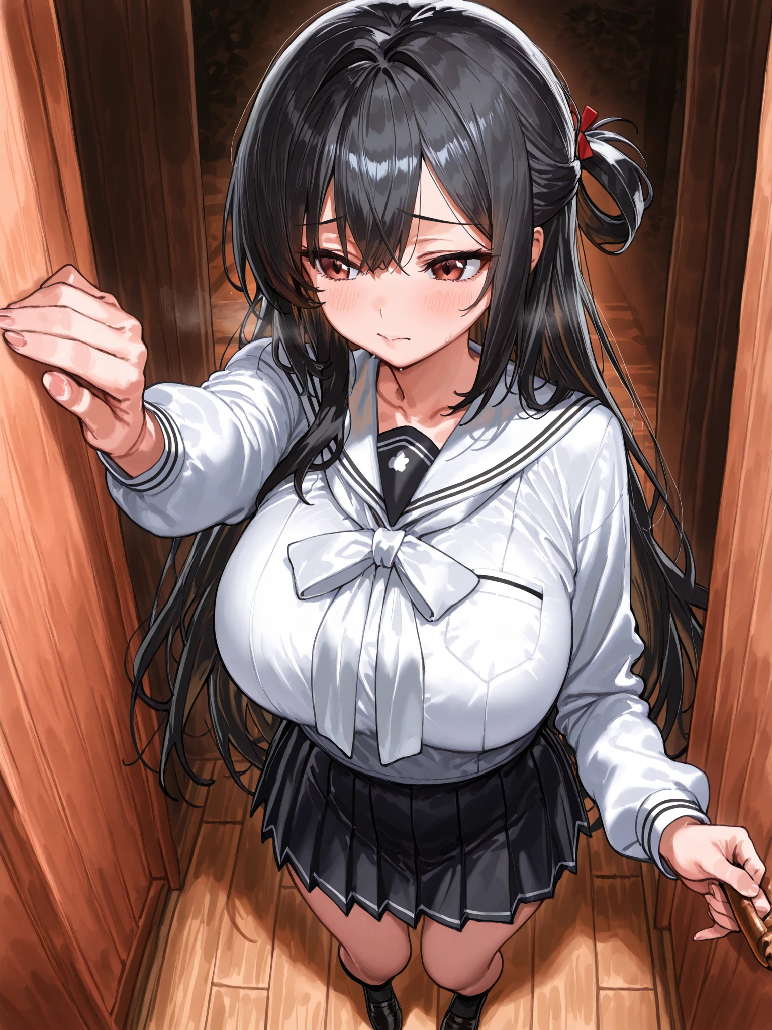 4k HD,perfect,Exquisite,individual,girl,long black hair,full body portrait,Junior high school students,Short skirt,White pantyhose,((Rope restraint, arms behind the back, hands behind the back, thin body, big breasts, collar))