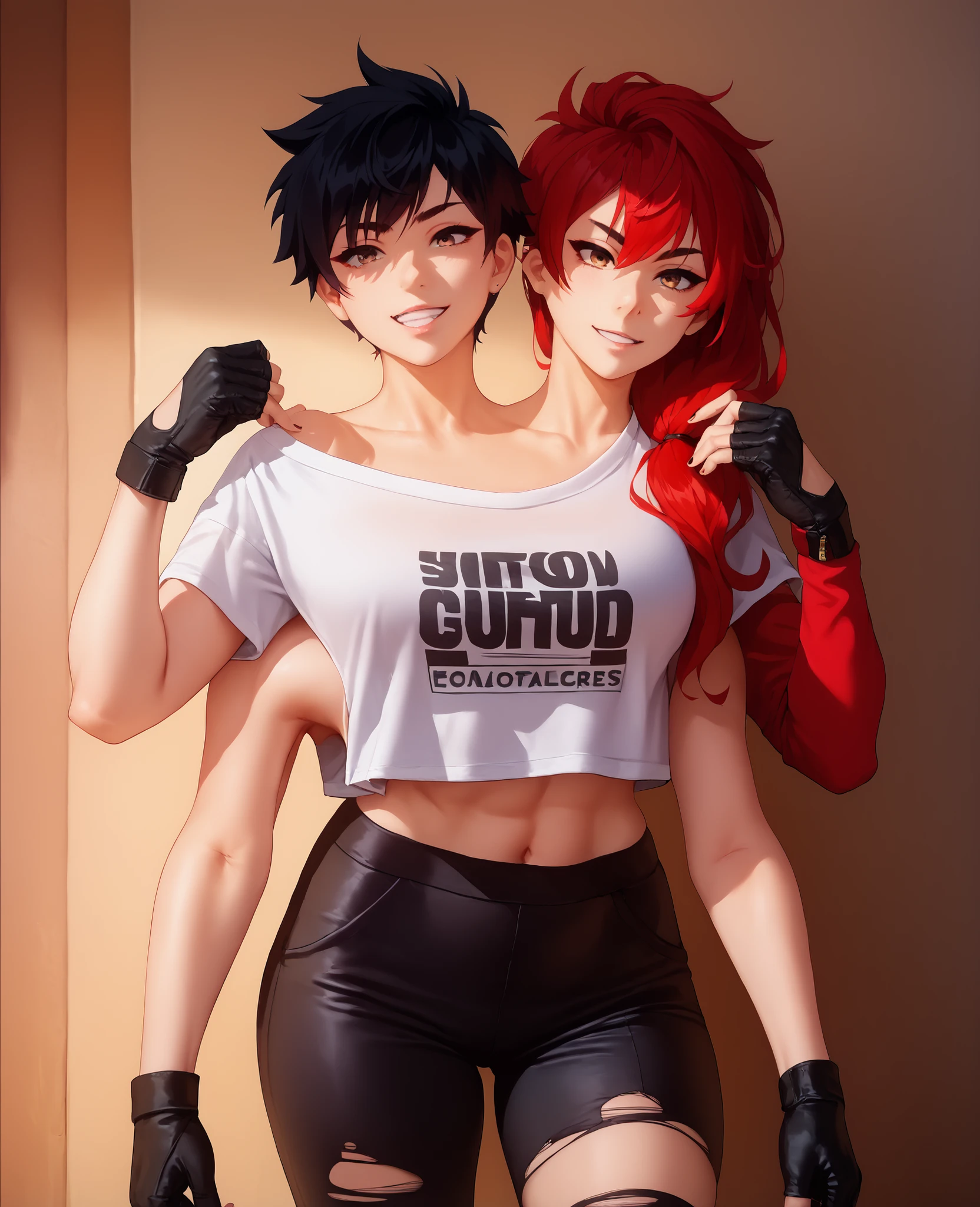 best resolution,anime woman with two heads, gold eyes, different hair colors, red hair, black hair, different hairstyles, different hair-lengths, short hair, long hair, pixie hair, straight hair, hair down, oversized sports jersey, tomboy, one shoulder bare, torn pants, gloves, high leather bootschokers,four arms