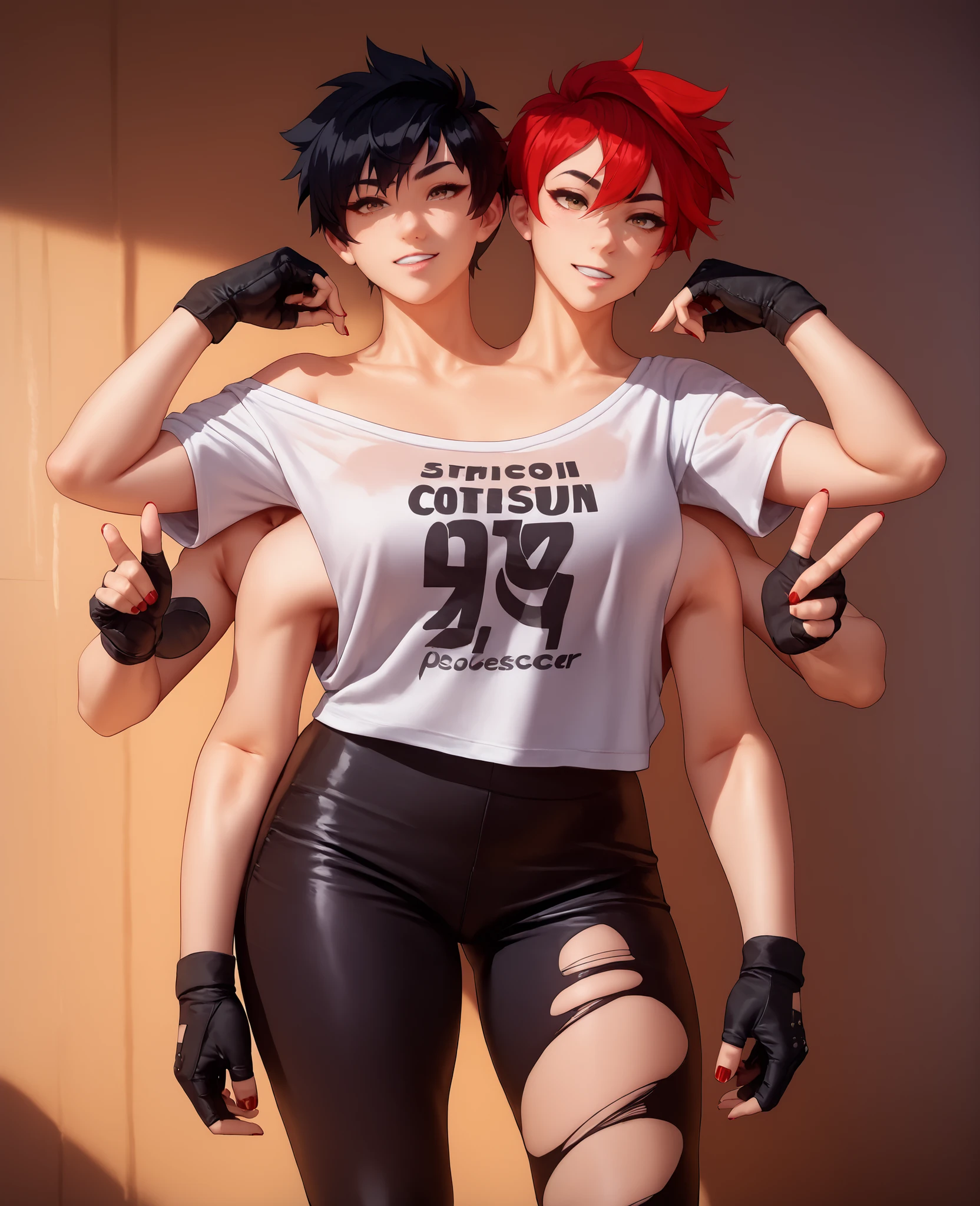 best resolution,anime woman with two heads, gold eyes, different hair colors, red hair, black hair, different hairstyles, different hair-lengths, short hair, long hair, pixie hair, straight hair, hair down, oversized sports jersey, tomboy, one shoulder bare, torn pants, gloves, high leather bootschokers,four arms