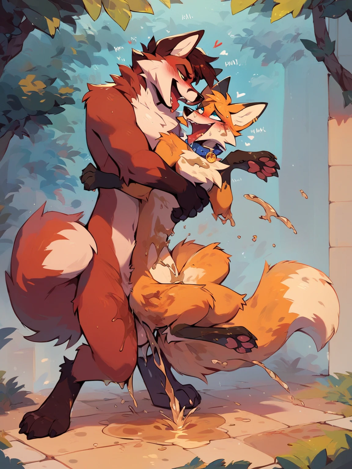 smaller kneeling african wild dog wearing red glasses, sucking the bigger and taller, light brown, EEVEE's big penis, dark room