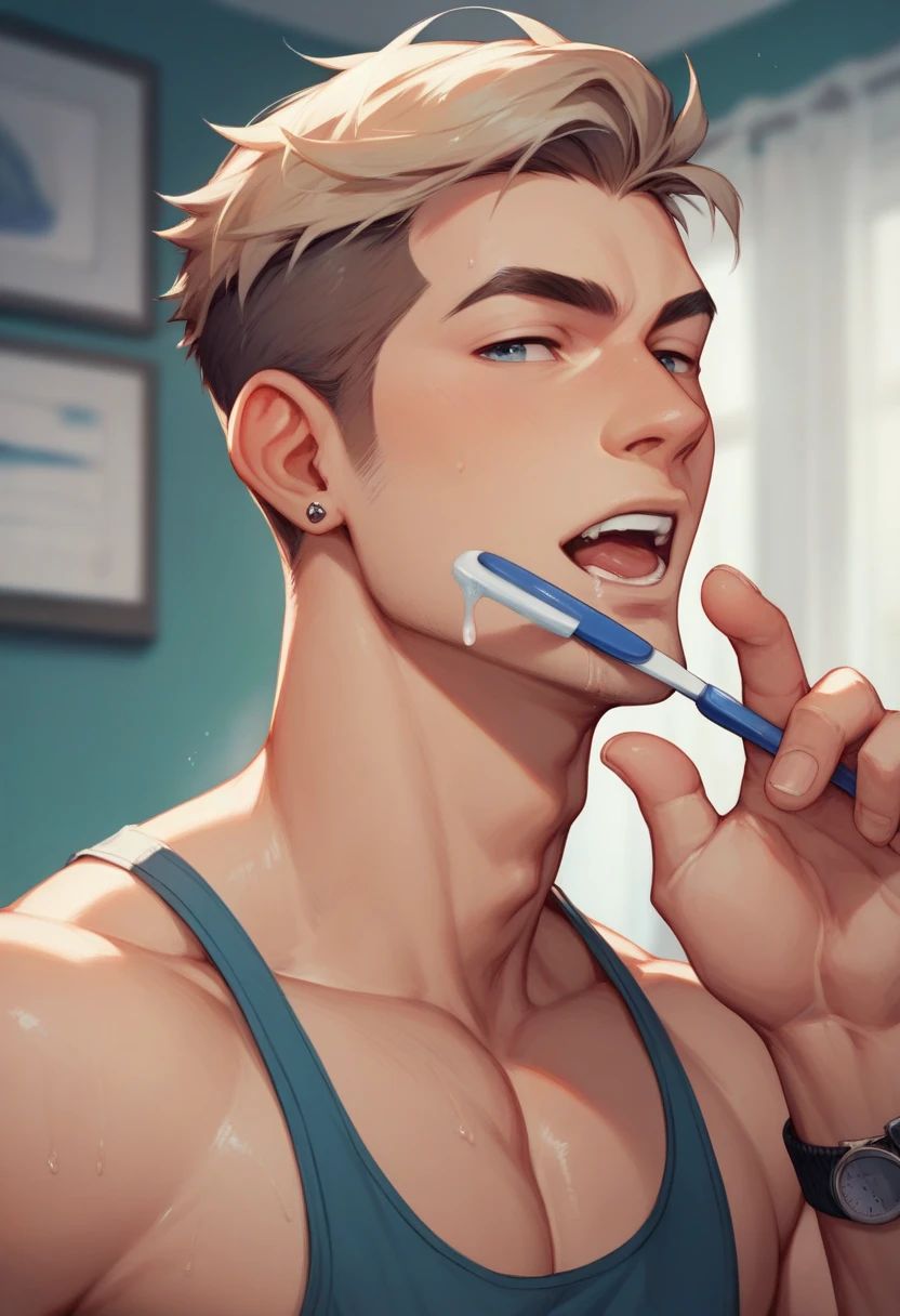 best quality, masterpiece, extremely detailed, close up of muscular man, long and extremely high middle parting, gray hair, nude, licks cum off his fingers, cum strings, saliva, drooling, intensely horny expression, no background, perfection, no watermark, no logo, no signature