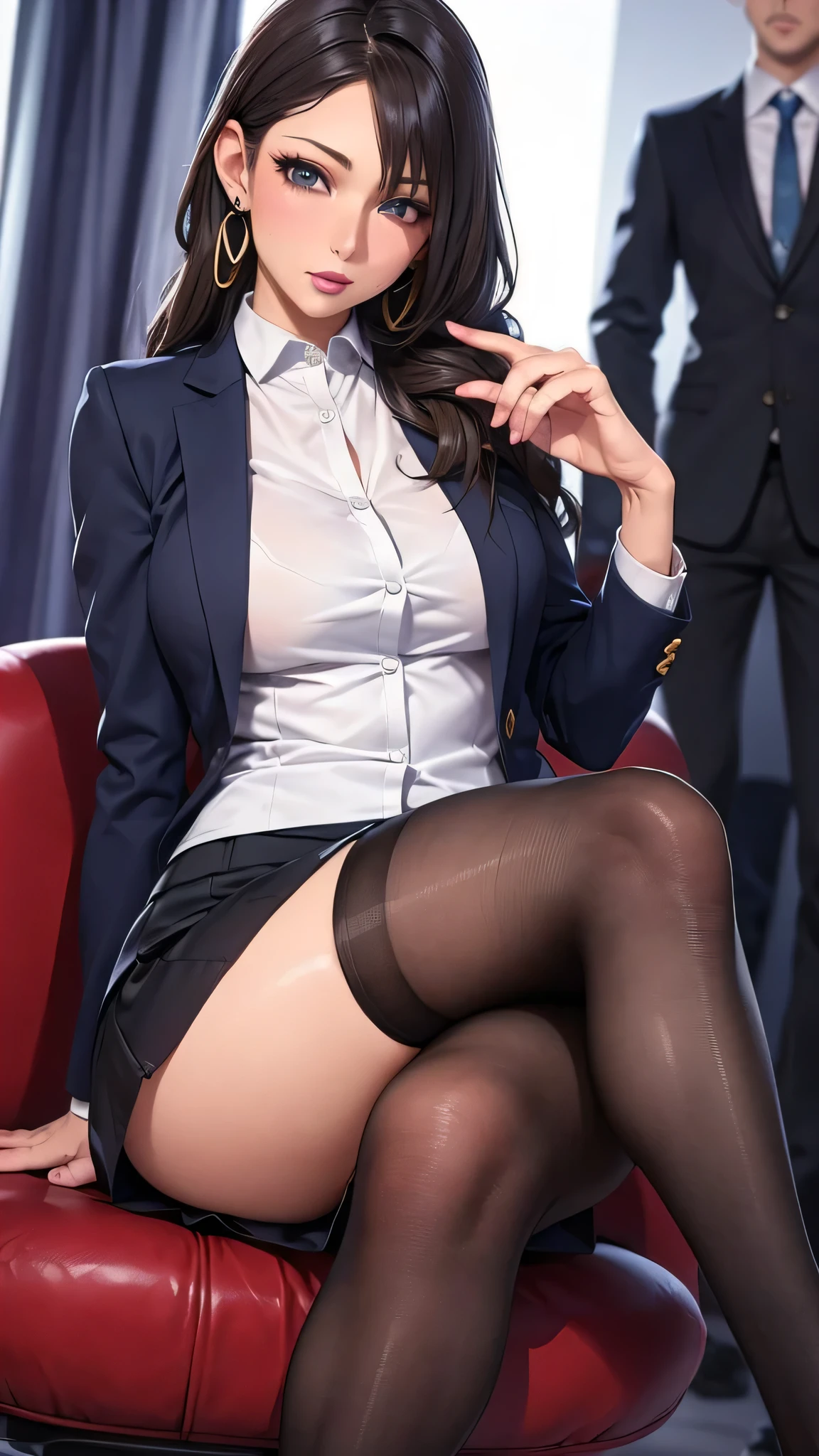 a sexy school teacher, female, sitting on a desk, ((legs spread open)), panties, ((pulling her panties to the side)), revealing her captivating vagina, seductive smile, looking at viewer, photorealistic, cinematic lighting, vibrant colors, hyper detailed, realistic skin texture, intricate details, masterpiece