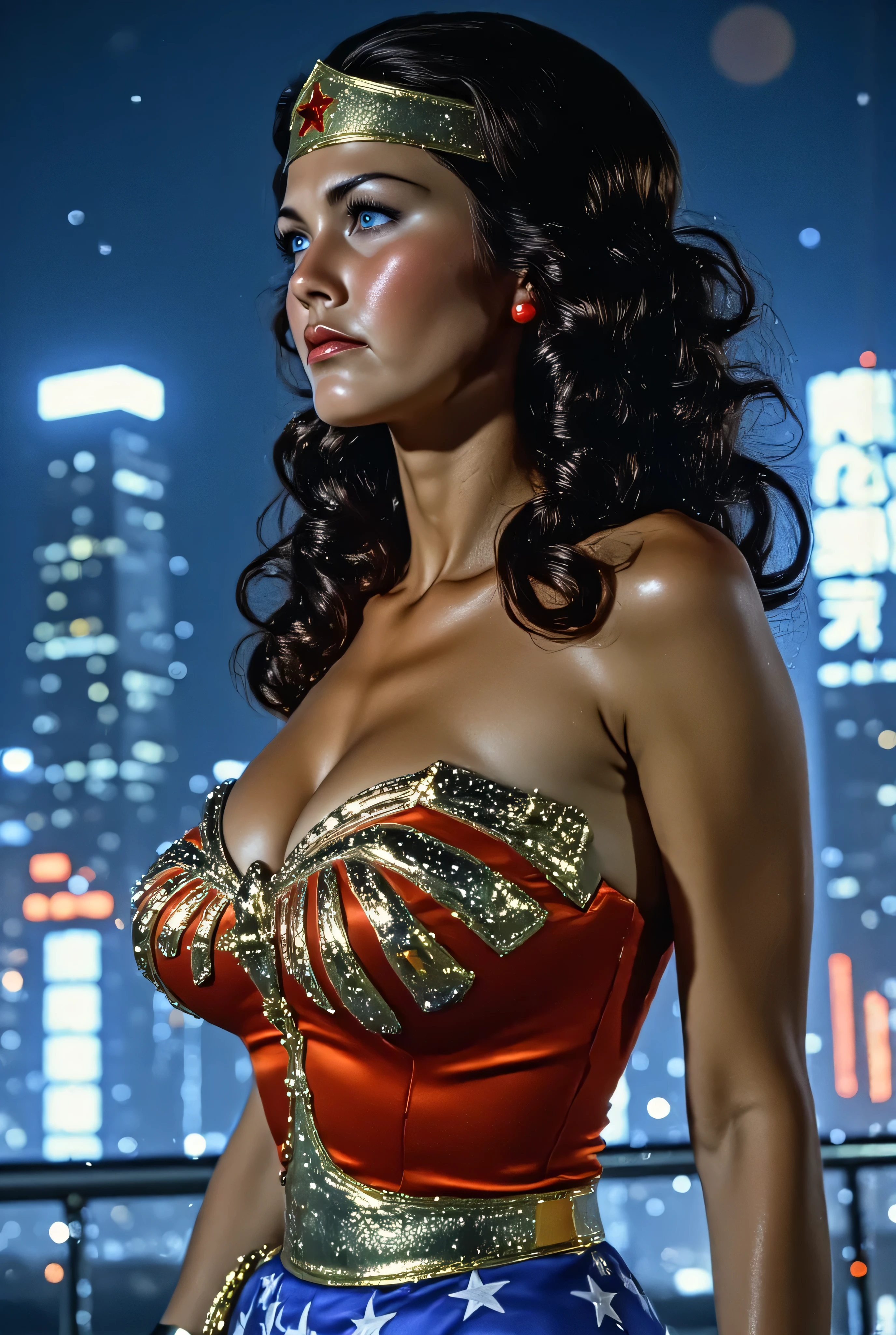 3/4 close-up of Lynda Carter as Wonder Woman in a cyberpunk megacity at night, holographic projections flickering around her, digital tiara glowing, futuristic armor with luminous trim, short-cropped cape swaying, skyscrapers with neon kanji signs in background, intense glowing bokeh lighting, highly detailed futuristic realism