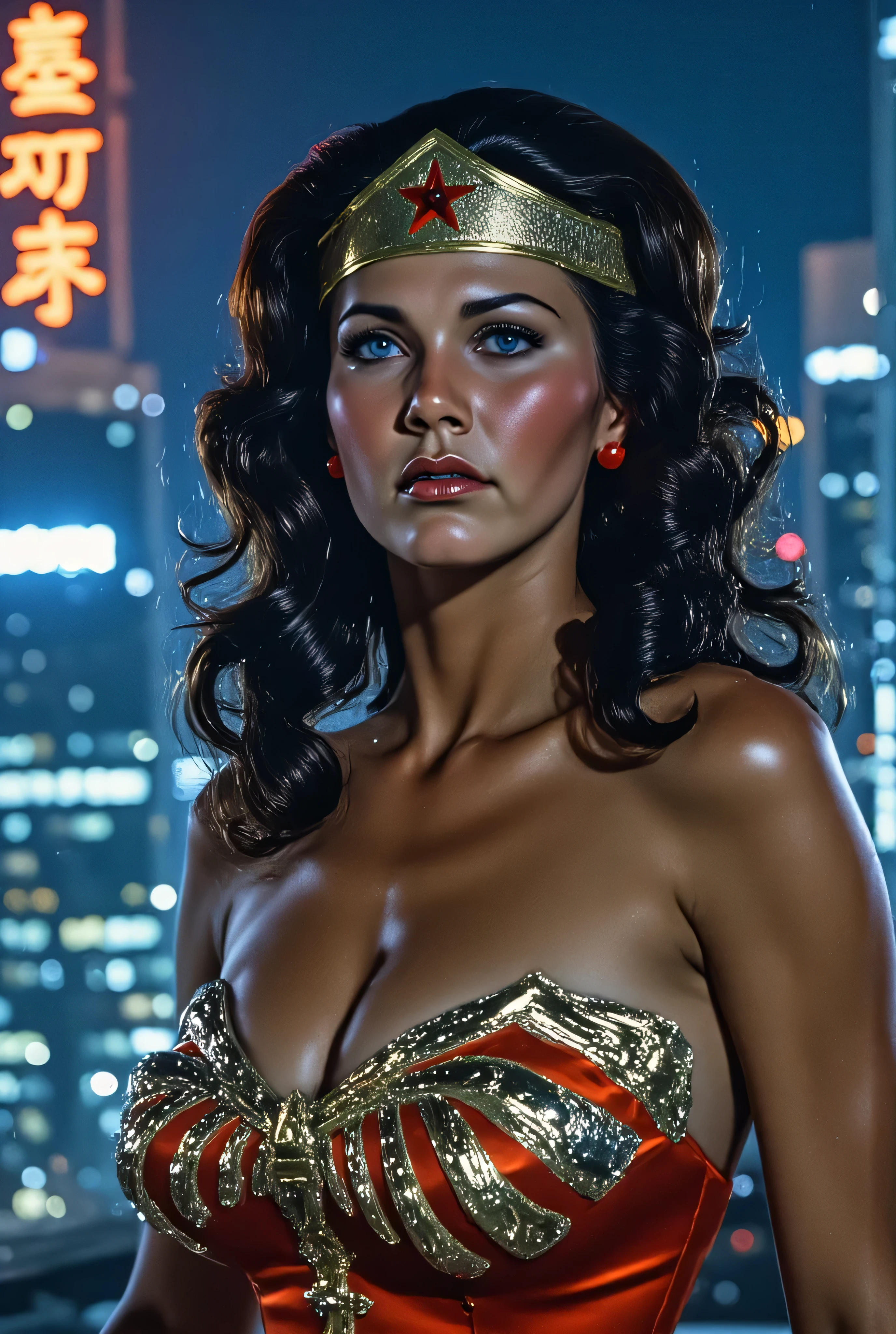 3/4 close-up of Lynda Carter as Wonder Woman in a cyberpunk megacity at night, holographic projections flickering around her, digital tiara glowing, futuristic armor with luminous trim, short-cropped cape swaying, skyscrapers with neon kanji signs in background, intense glowing bokeh lighting, highly detailed futuristic realism