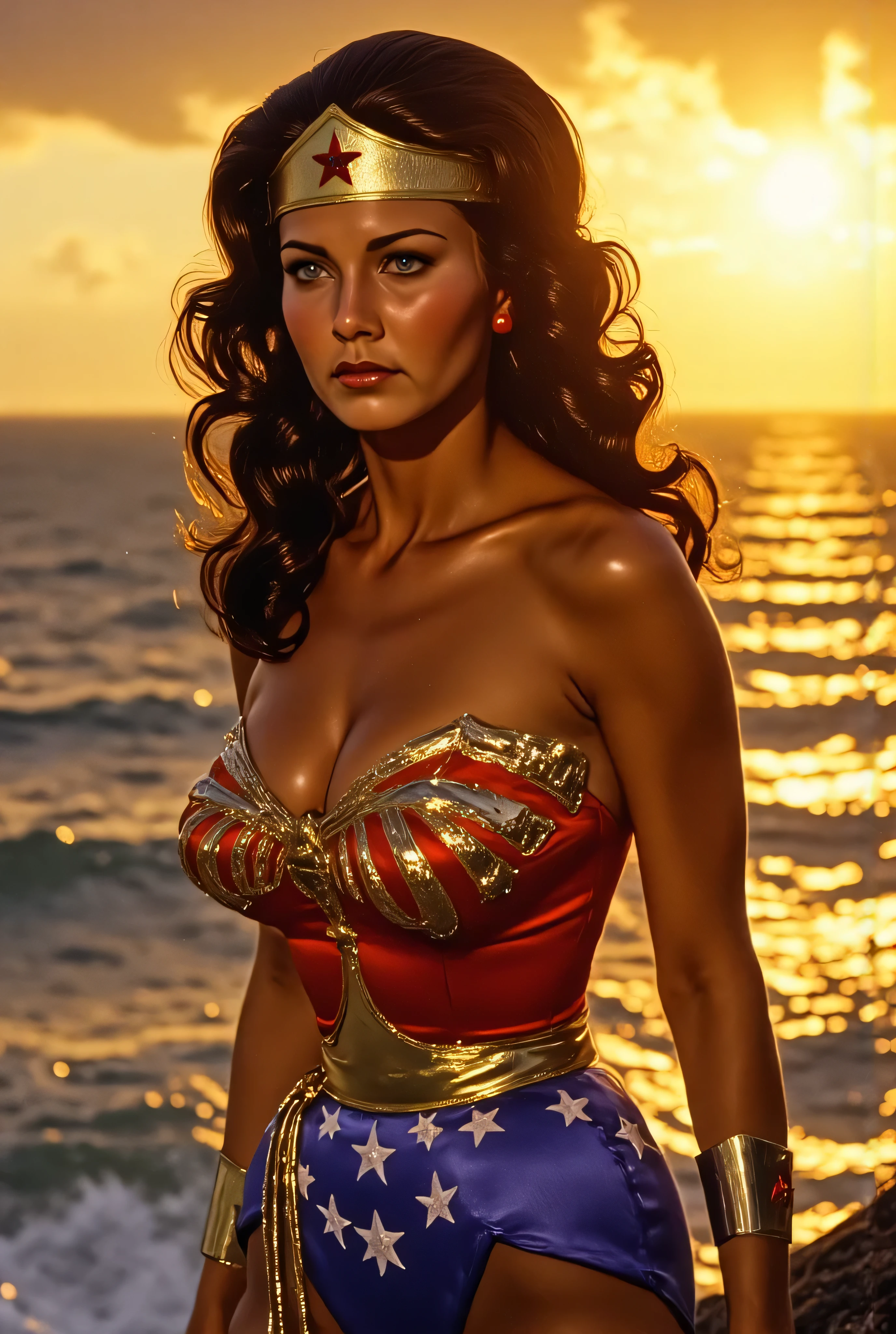 3/4 close-up of Lynda Carter as Wonder Woman at sunset on a Themysciran cliff, golden-orange sky illuminating her glowing armor, hair gently blowing in the wind, introspective and noble expression, her lasso coiled at her hip, blurred sunlit ocean horizon behind her, soft painterly depth, cinematic realism