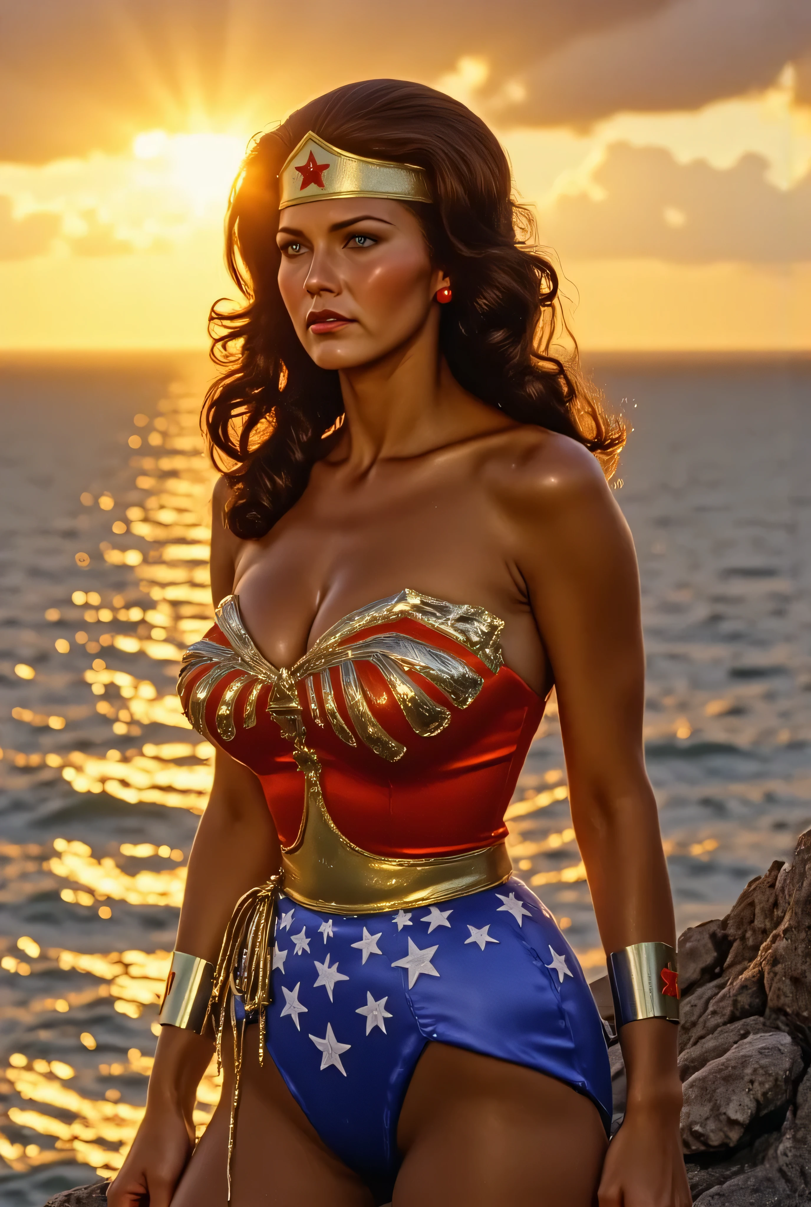 3/4 close-up of Lynda Carter as Wonder Woman at sunset on a Themysciran cliff, golden-orange sky illuminating her glowing armor, hair gently blowing in the wind, introspective and noble expression, her lasso coiled at her hip, blurred sunlit ocean horizon behind her, soft painterly depth, cinematic realism