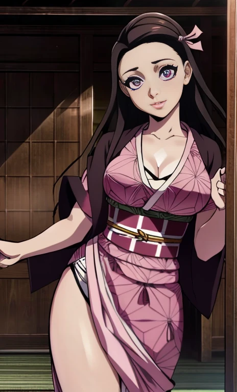 rialistic photo、Real Images、Top image quality、masterpiece, (Pink kimono), seductived faced, good lighting, beautiful thigh、adult appeal、Adults、Big、cleavage, finely detail, masterpiece,I can see my panties、 radiant eyes, 1girl in, A dark-haired, SUCK, Kamado Nezuko, wisteria background, masterpiece, top-quality, POV,,