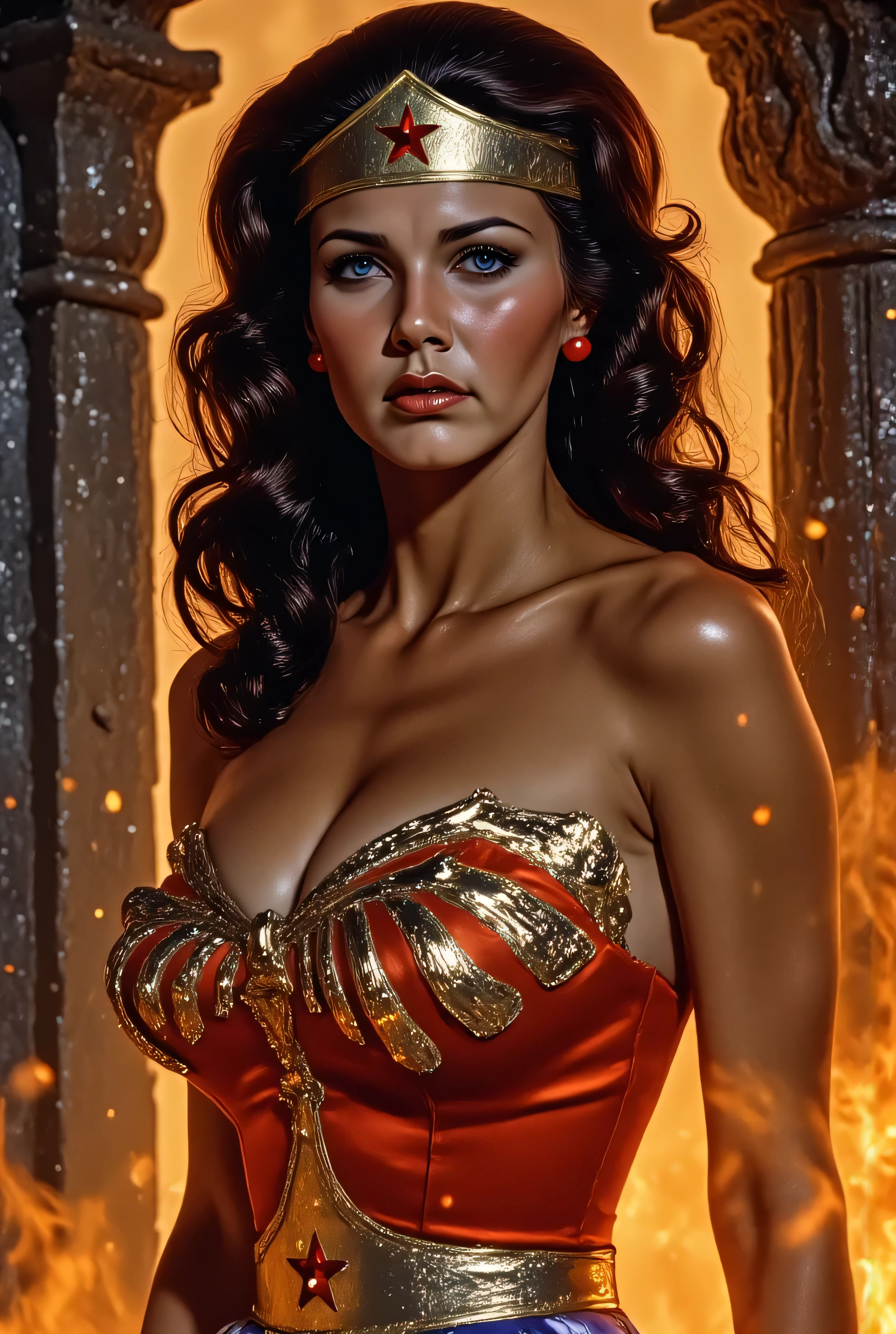 3/4 close-up of Lynda Carter as a dark Wonder Woman guardian of the underworld, crimson and black armor with demonic engravings, fiery orange ambient glow lighting her serious expression, ancient obsidian ruins behind her, enchanted flames flickering in her eyes, gothic fantasy tone, painterly dark realism