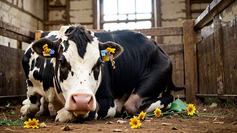 Cow on a farm, The day is clear, the grass is green.