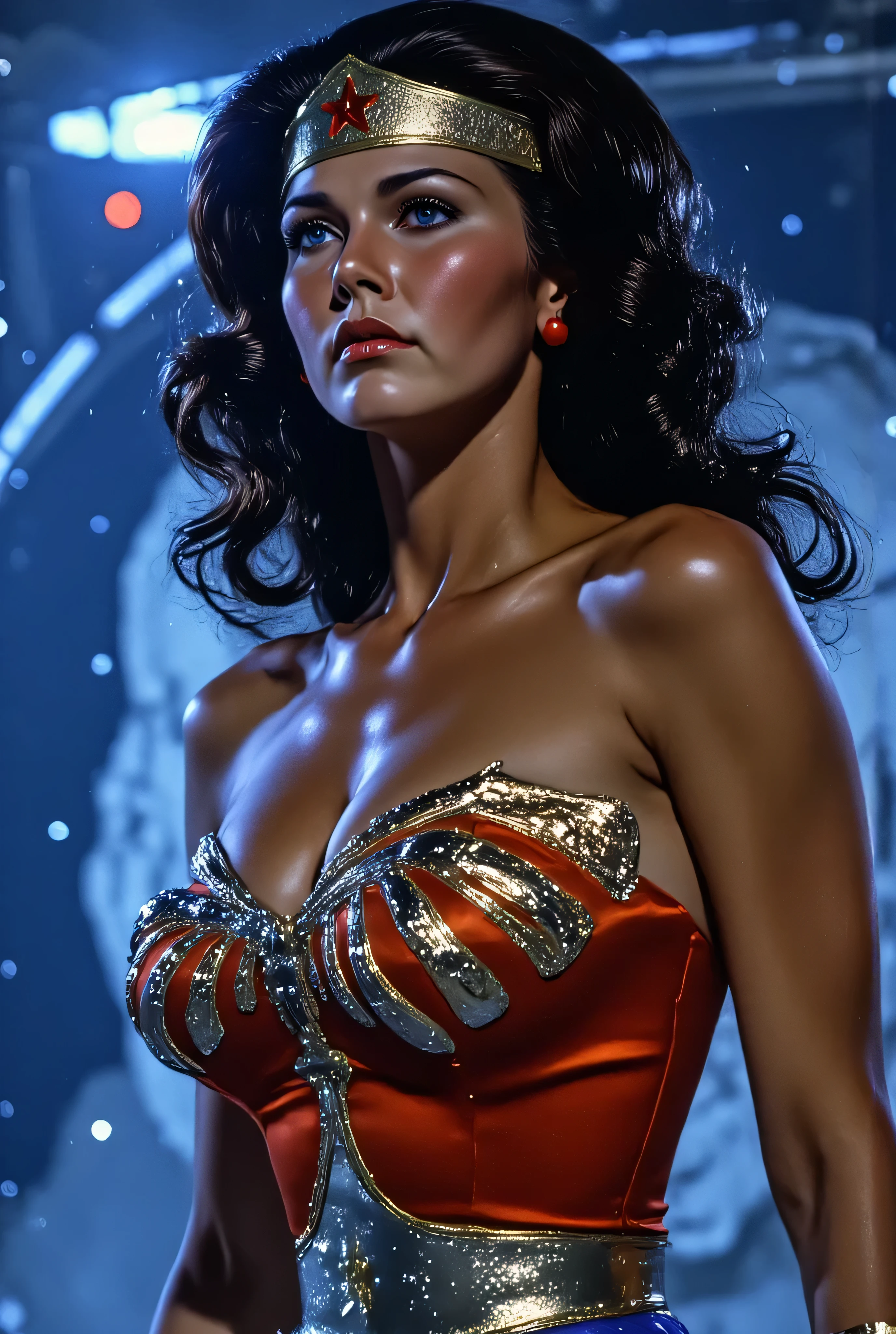 3/4 close-up of Lynda Carter as a sci-fi Wonder Woman, wearing sleek armored plating with holographic edges, standing in the control room of a starship, sharp blue light casting metallic reflections, glowing digital tiara, focused expression, galactic map interface in the background, high-tech cinematic sci-fi realism