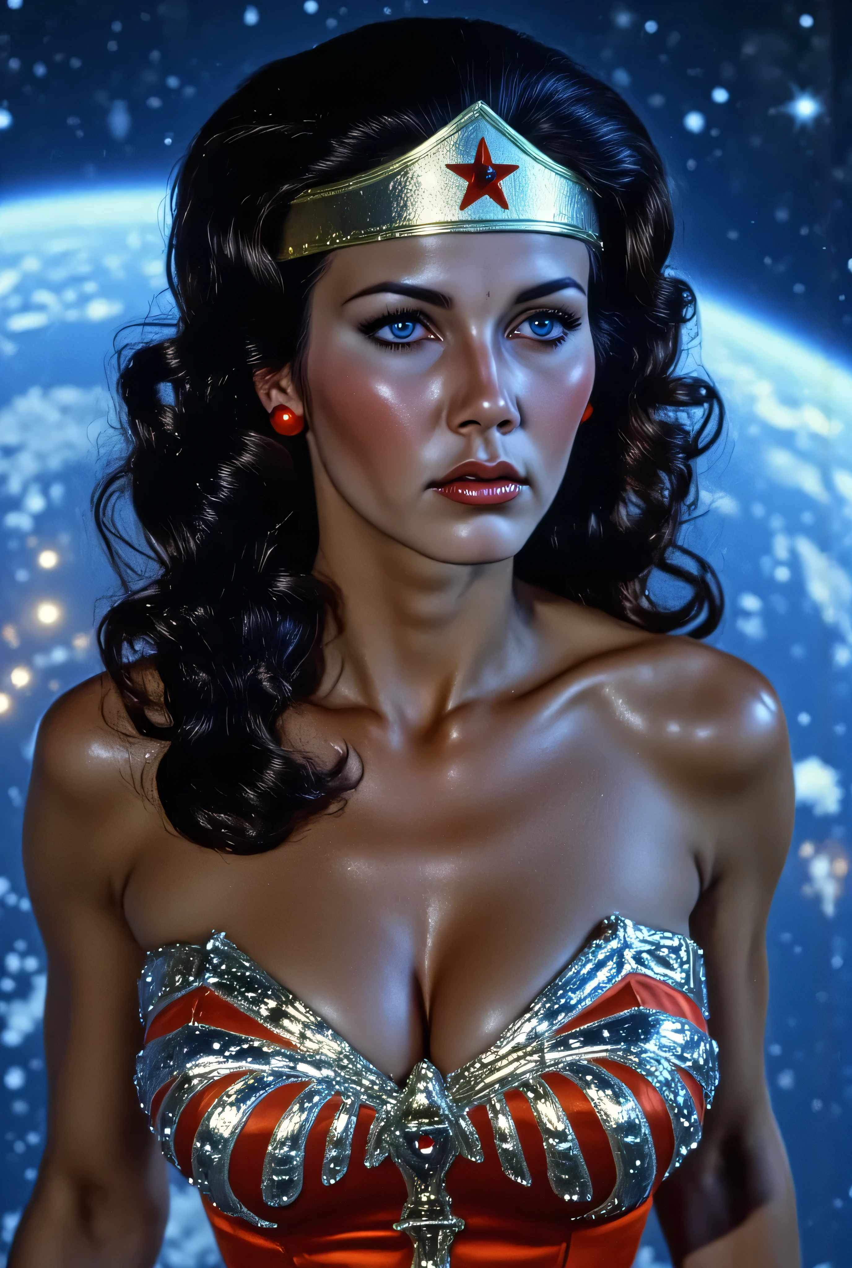 3/4 close-up of Lynda Carter as a sci-fi Wonder Woman, wearing sleek armored plating with holographic edges, standing in the control room of a starship, sharp blue light casting metallic reflections, glowing digital tiara, focused expression, galactic map interface in the background, high-tech cinematic sci-fi realism