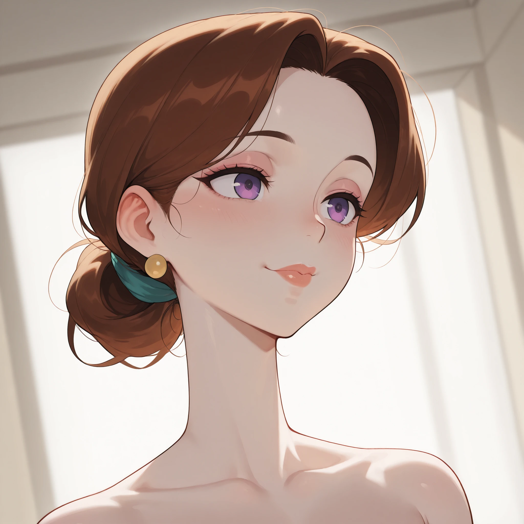 An extremely super beautiful impossibly gorgeous mature woman with half-lidded purple eyes, slim neck, a small nose, deep-brown hair tied in a high raised ponytail with two side fringes, extremely fair pale white skin, and ed plump round lips. She has a plain expression, eyebrows raised, and is looking straight. Only show the woman's face, face closeup, super hyper-detailed, beautify her face to max.