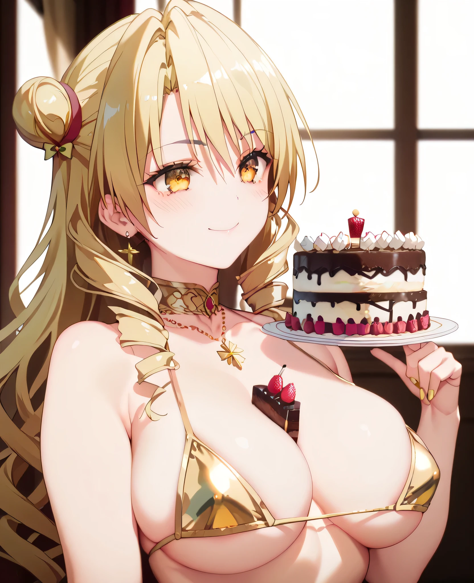 4K,One girl,A sense of depth,Confused,Capture the light,Very beautiful illustration,(((cake,heart,Hold in hand))),Valentine's Day,((Beautiful blonde,Two Side Up Hairstyle:1.3)),((Beautiful purple eyes:1.2)),;d,Beautiful, delicate, flowing hair,Emphasized breasts