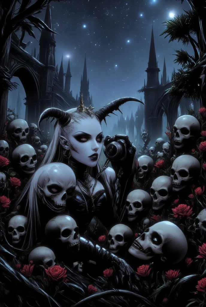 painting of a woman sitting on a bed of skulls, by Todd Lockwood, Satan in Hell, in the style of Peter Mohrbacher, portrait of a female demon, demonic woman, Peter Mohrbacher Donato Giancola, style of Peter Mohrbacher, graphic artist Peter Mohrbacher, by Jason Felix, Peter Mohrbacher style, Tiefling, ((((8k, super detailed, beautiful women, high quality))))