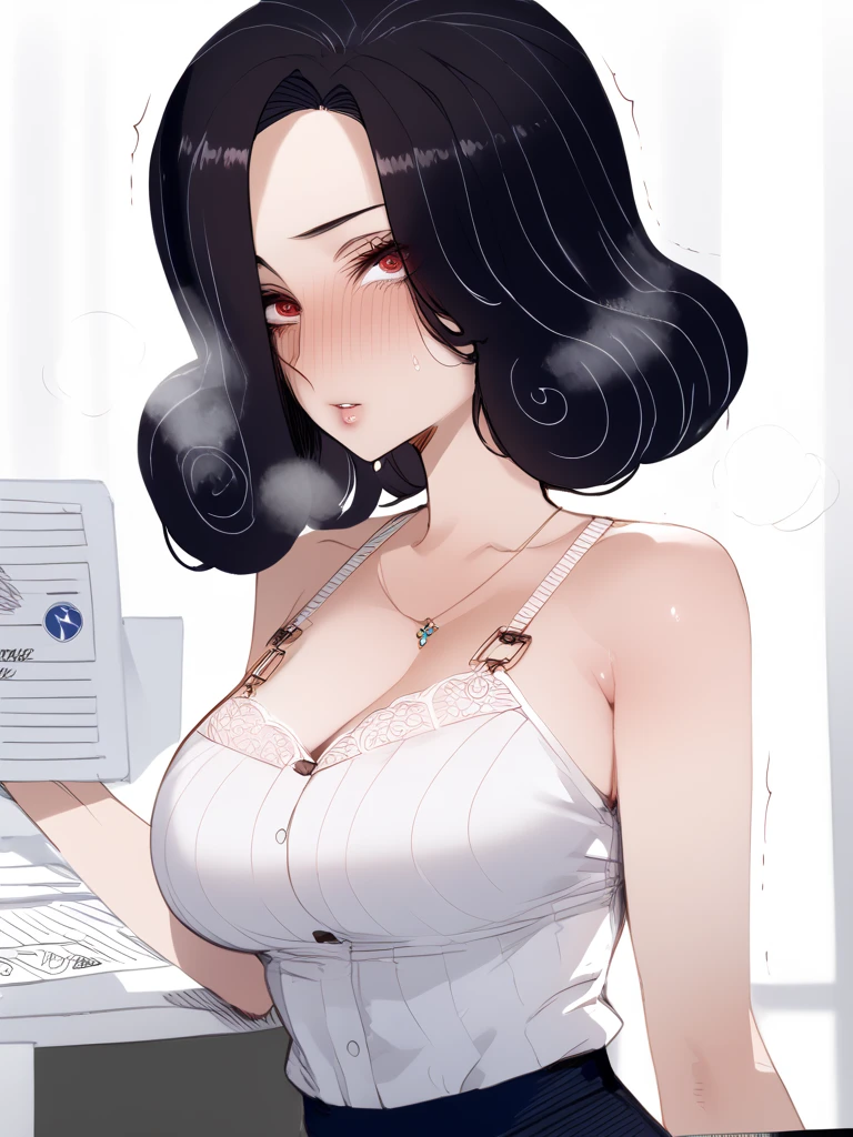 1girl, wearing sexy lace bra, short skirt, open shirt, long sleeve, detailed face, looking at viewer, straight medium hair, bangs, parted lips, breasts, clavicle, holding ticket, chain necklace, realistic, candid direct light,