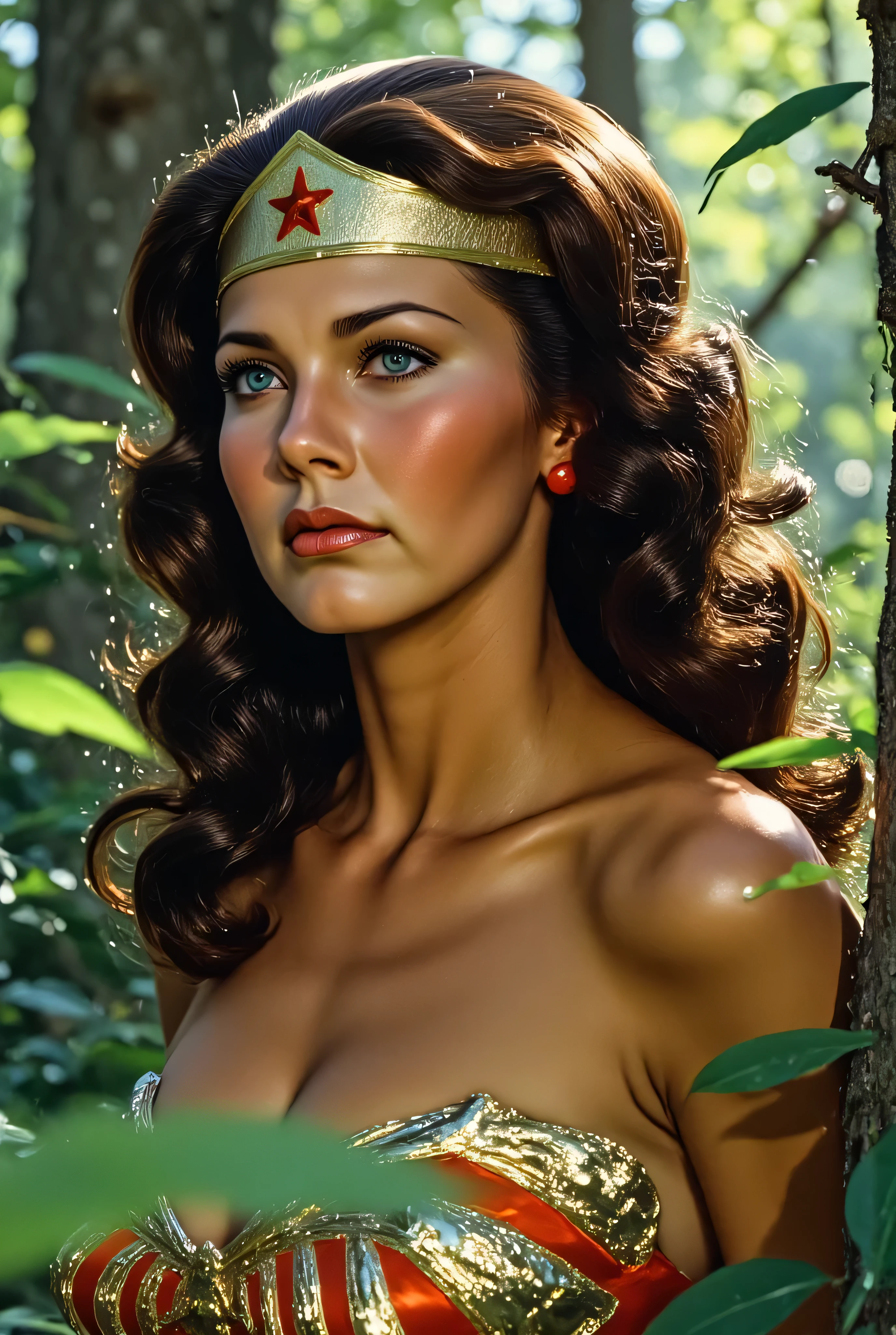 Slightly close-up portrait of Lynda Carter as Wonder Woman in a sun-dappled forest, soft green light reflecting in her eyes, surrounded by glowing leaves and nature spirits, calm and graceful expression, warm natural tones, enchanted atmosphere, ultra-detailed fantasy realism, painterly style