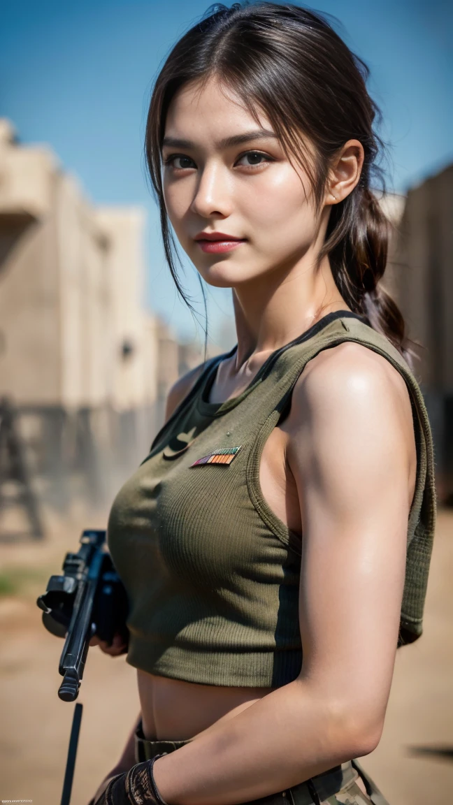 Afghan nifty girl, (20 years old), in the military camp, sunny, tank top, earring, arrogant expression, (top view), (face and skin details), (masterpiece, best quality, highly detailed, hyper realistic) 