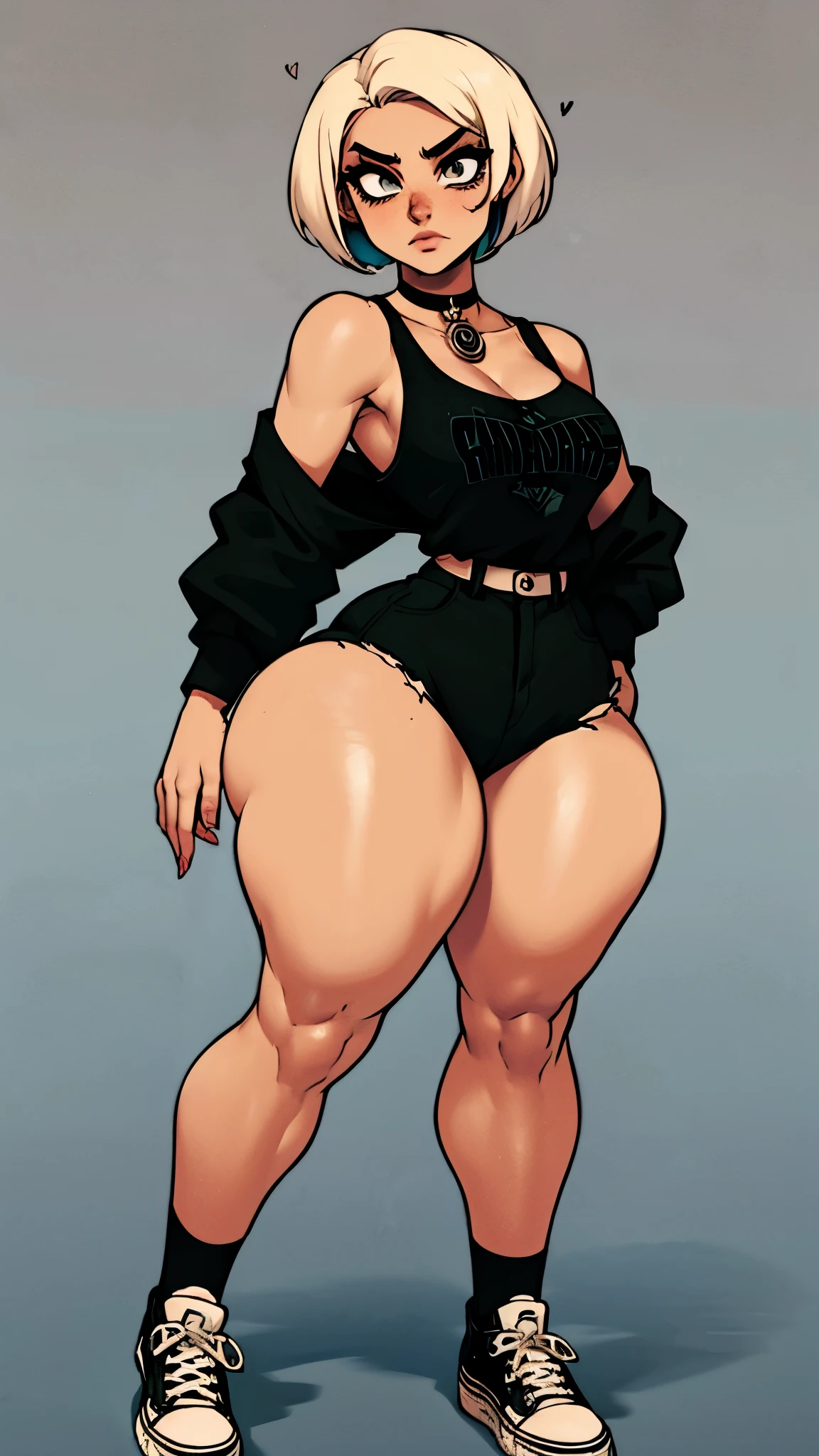 sexy pose, pink hair, (short bangs hair:1.36), detailed brown eyes, narrow waist, depth of field, 1girl, (on a background:1.3), (full body), big breasts, wide hips, athletic figure, ((thigh cutout)), (((dark skin))), oily skin,