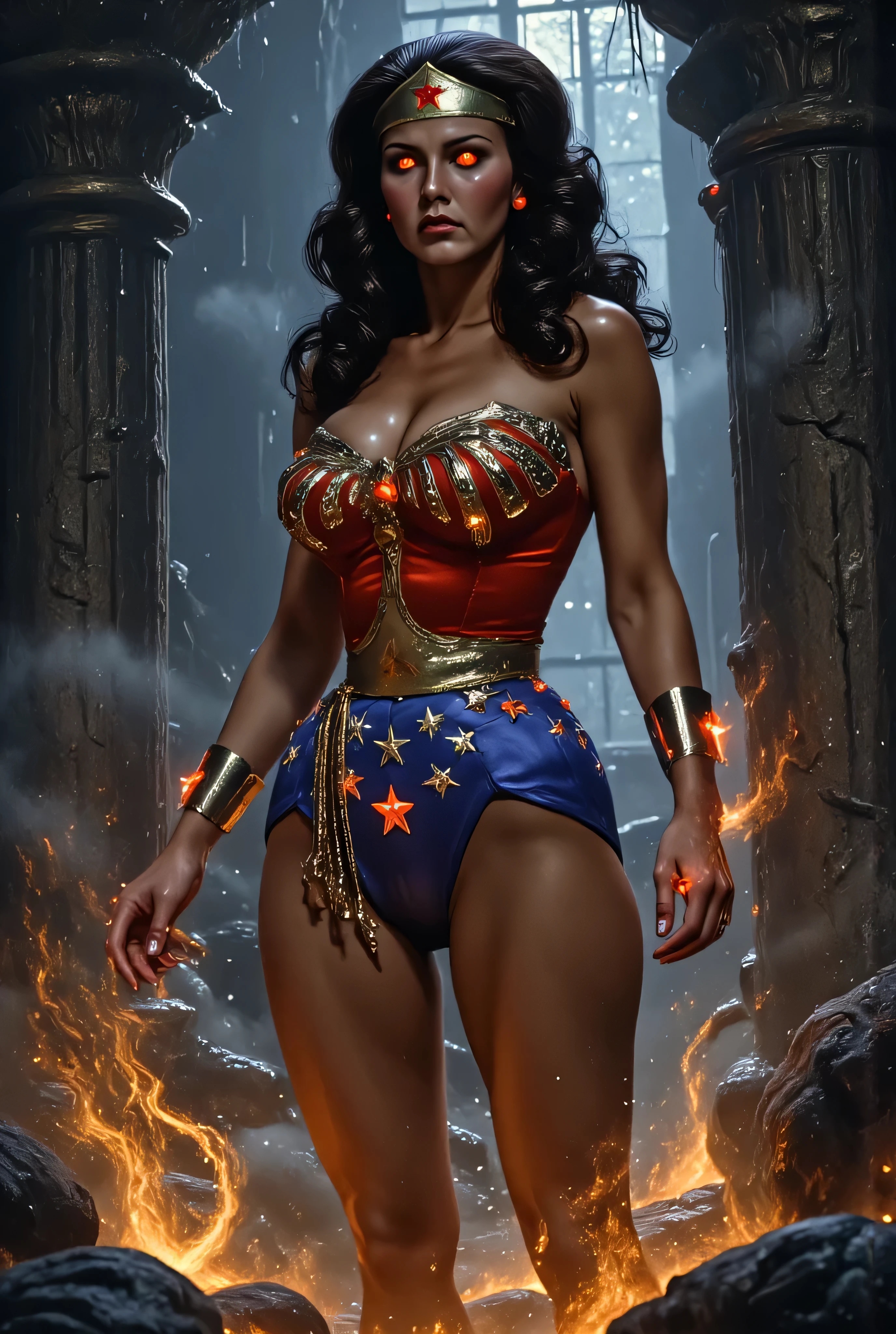 Lynda Carter as a dark fantasy version of Wonder Woman, clad in black and crimson enchanted armor with glowing runes, standing in a shadowy netherworld with ancient bones and fire-lit fog, red glowing eyes, cursed lasso coiled around her wrist, powerful dark magic energy surrounding her, gothic fantasy art, ultra-detailed, moody lighting