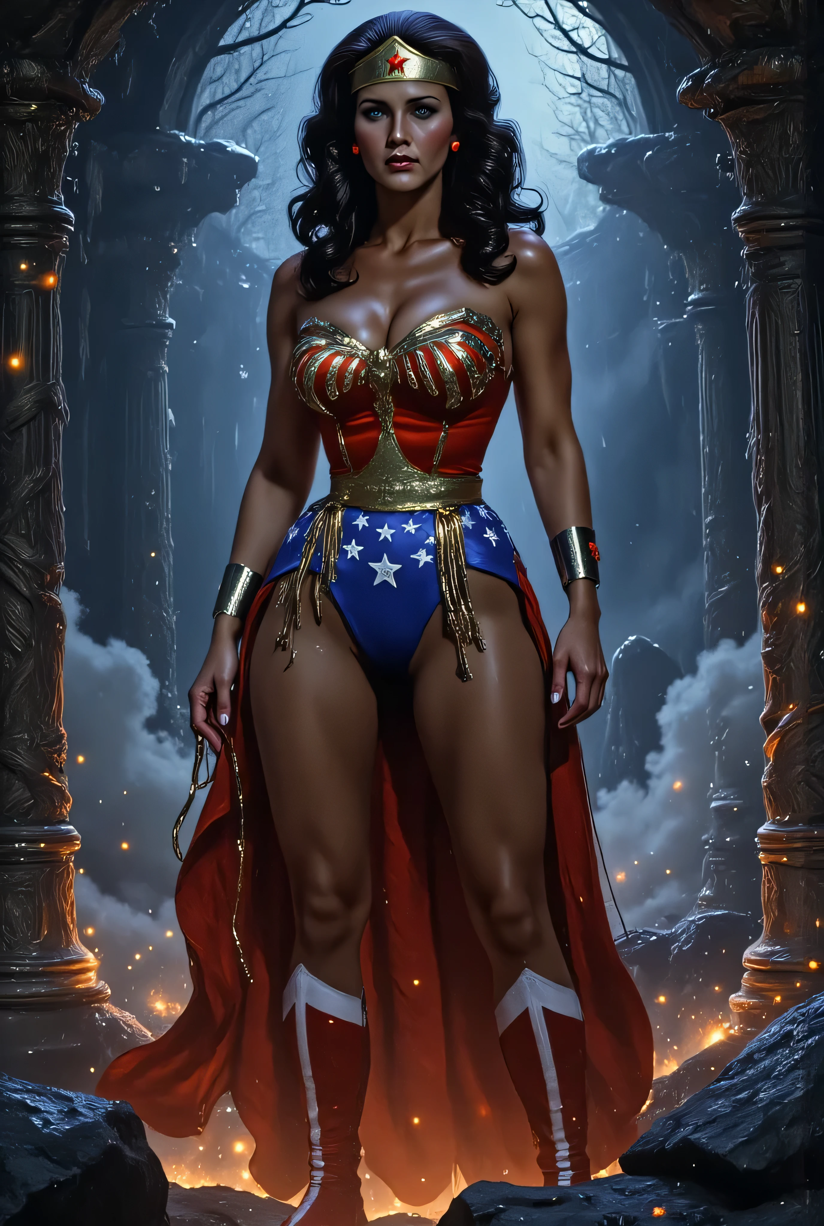 Lynda Carter as a dark fantasy version of Wonder Woman, clad in black and crimson enchanted armor with glowing runes, standing in a shadowy netherworld with ancient bones and fire-lit fog, red glowing eyes, cursed lasso coiled around her wrist, powerful dark magic energy surrounding her, gothic fantasy art, ultra-detailed, moody lighting