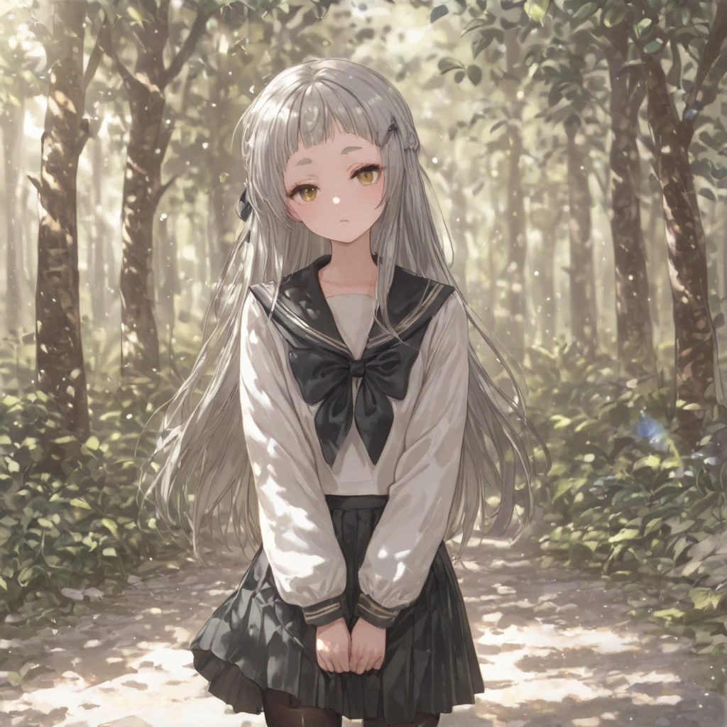 (8K, Highest Quality, Masterpiece:1.3)), Ultra High Quality, (1 girl, Solo), (Color changing eyes, Super detailed, Expressive glow, Sparkling eyes), Very detailed eyes, Very detailed face, Random hair, (Silver-gray color), Miniskirt, (Blush:1.3), Breath, White skin, Hair clip, Angle from below, In the forest, Sparkling sunlight filtering through the trees, While walking in the forest, the skirt got caught on a branch on the side of the road and flipped up, Lace panties from pastel are visible