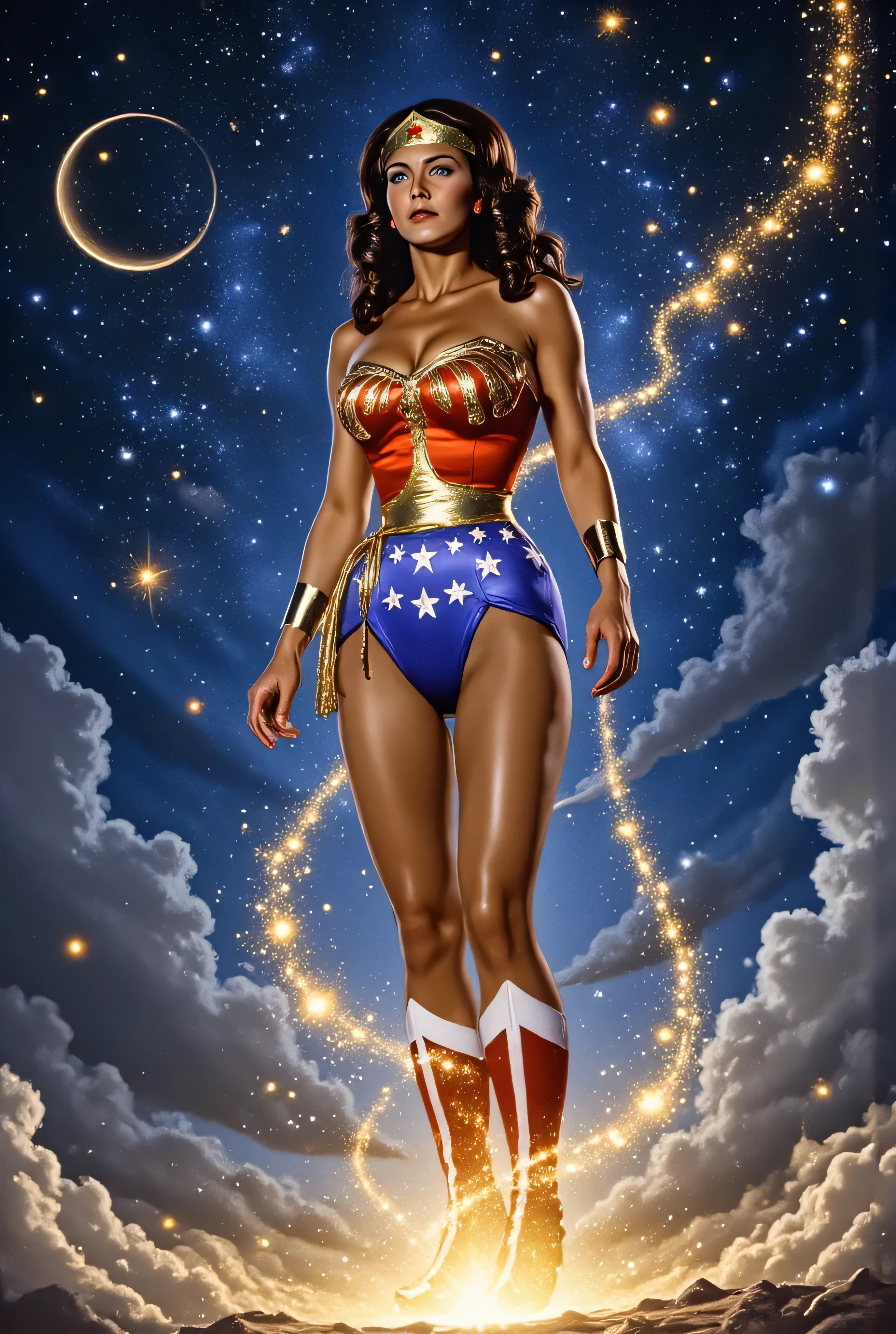 Lynda Carter as Wonder Woman in space-themed armor, floating above a nebula with glowing constellations, radiant golden tiara and starlight flowing from her lasso, background filled with galaxies and asteroid rings, elegant and powerful stance, cosmic fantasy art style, vibrant colors, inspired by Sakimichan and Ross Tran