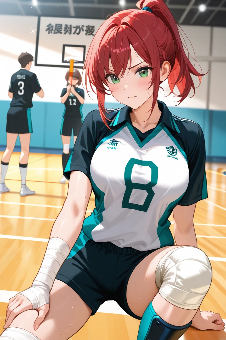 (Highest quality,4K,8k,High resolution,masterpiece:1.2),Very detailed,3 Women、(((Mature Woman))), (((Mature Woman))), Best Bust、Large Breasts, Cleavage、Beautiful Eyes、Orange Hair、Moss green eyes、Red lips, ((ponytail)), (Drill Hair), ((amount)),  Very cute face, Glossy Lips, Double eyelids on both eyes,Natural smile、Tight waist、(Volleyball Uniforms), Natural Makeup, smile, Long eyelashes, Shiny and smooth hair、expensive、Are standing, Leaning forward, Forward bending, Head Down, Put your hands on your ankles, Low - Angle, ((Cowboy Shot)), In a crowded gymnasium、Olympic Venues、Shallow depth of field