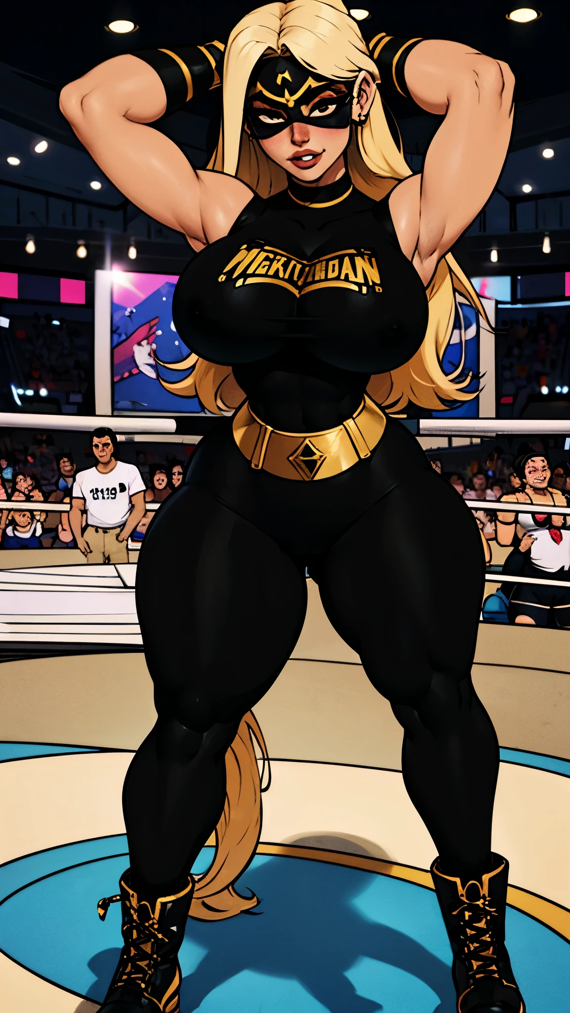 bimbo, huge breasts, gold thong, Powergirl, nsfw, big lips, in a wrestling ring