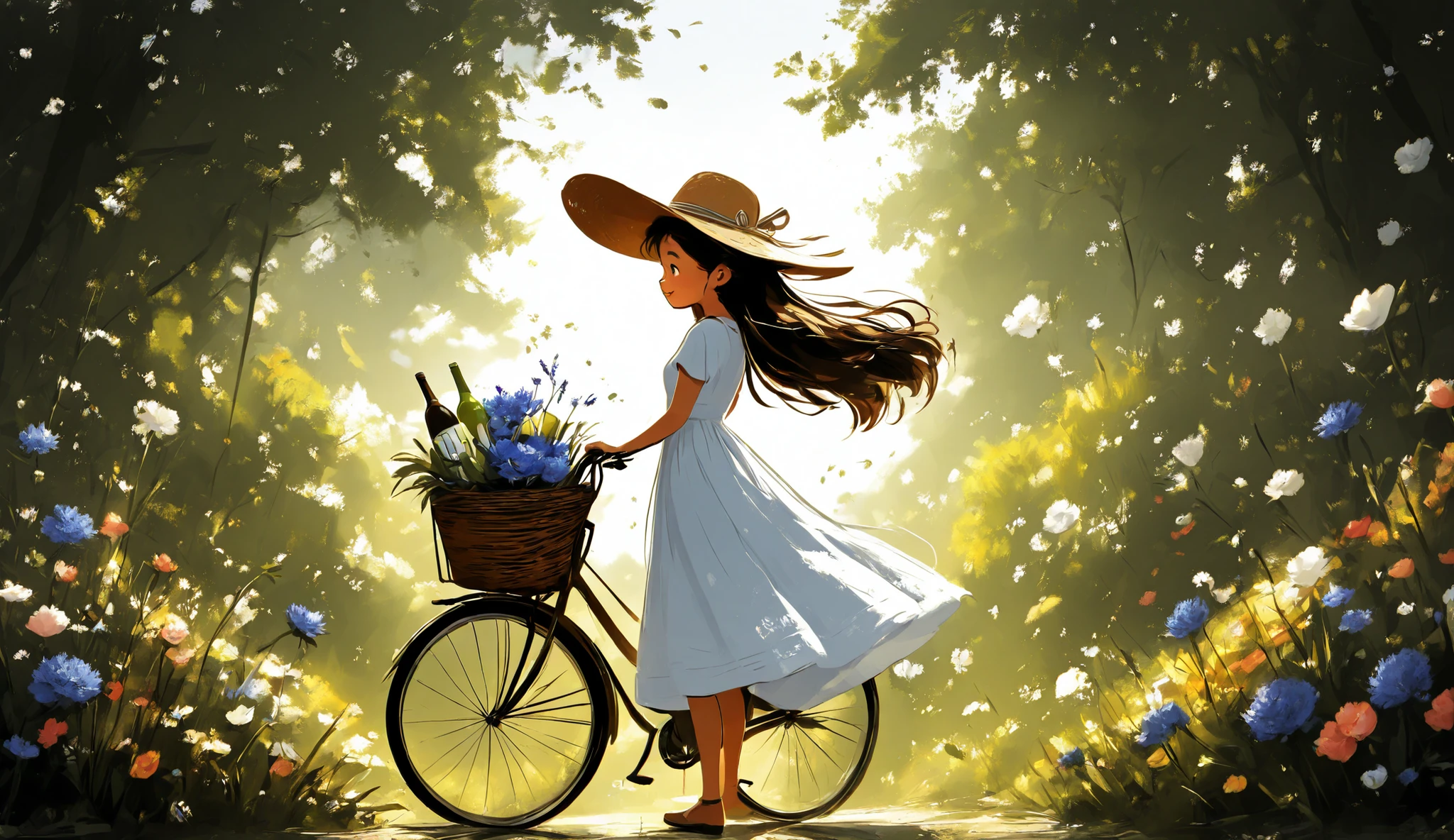 whimsical art style, surreal fantasy, a close up of a girl thin and tall pushing her bicycle on a sunny day, the bicycle's basket carries flowers, a bag, and a bottle of water. The girl is wearing a summer dress, along with a sun hat. Her long hair is blowing in the wind, and she looks happy and smiling. The background is a blooming garden, where giant princess toys, peonies, and lilies are in full bloom fill the background. color palette Brass, Key Lime, Red (RYB), Sapphire, Cornflower Blue