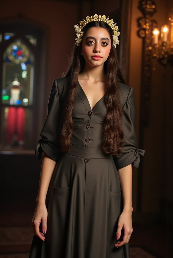 A beautiful young girl with long wavy brown hair, wearing a black Hogwarts , standing in a grand castle hallway with moving magical portraits on the walls, detailed facial features, intricate embroidery on the uniform, warm lighting, highly detailed, photorealistic, 8K, masterpiece