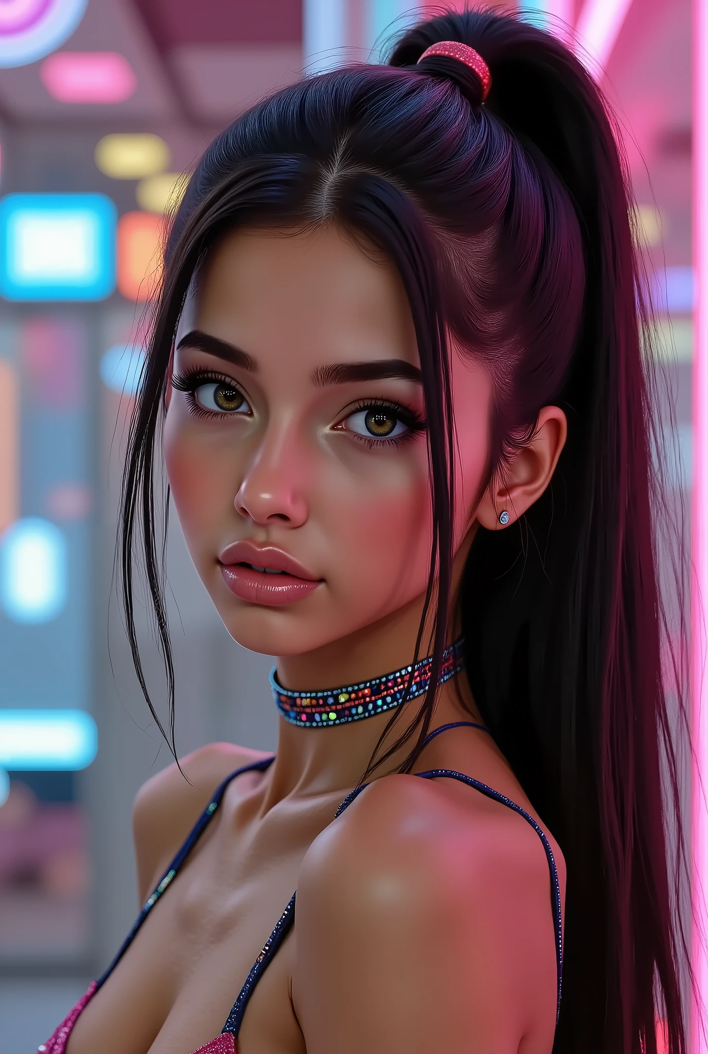 Realistic (Photorealistic realism 16K quality), ((ultra insanel quality, professional extremely detailed digital art)), ((focus on extremely Realistic Proportion Body, Anatomically Correct:1.2)), Beautiful Girl, ultra details, UHD, ((sharp focus, no blurry eyes, high resolution, absurd quality, Realistic brown_eyes:1.4),intricately detail:1.35),((extremely fine details eyes))((extra narrow eyebrows))(extremely fine details pupils).,(ultra realistic texture details: velvety skin, hair),((open mouth, joyful expression)),((perfect dark_eyeshadows:1.4)),(apply glossy red_lipstick:1.3),(perfect proportions:1.2),(anatomically correct), perfect female body, full bodyesbian, ((Beautiful long legs in good style:1.35)), ((no bra, no panties:1.3)), (medium butt), (skinny body build),(perfect hot model body:1.4), ((slim belly: 1.2)), (muscular body), (Beautiful bikini, made of PVC ribbon), ((Micro Slingshot Swimsuit: 1.25)), ((Wear Micro Sling Made of ((ultra Narrow,, Sparkly neon)), Tight, PVC Ribbon: 1.3)), ((dark Hair,Long Hair,two side up,Crossed bangs,between hair)), arms tattoo,((micro skirt)),angelic cute face,white teeth, perfect beauty, long eyelashes, (neon pink lips), oiled skin (psychedelic narcotic background, paranoia background), dslr, high quality split lighting, sharp focus captured by Fujifilm XT3, f 5.6,(perfect composition),((look at the viewer)), ((Bare feet in the foreground:1.33)),((sits down:1.3)),