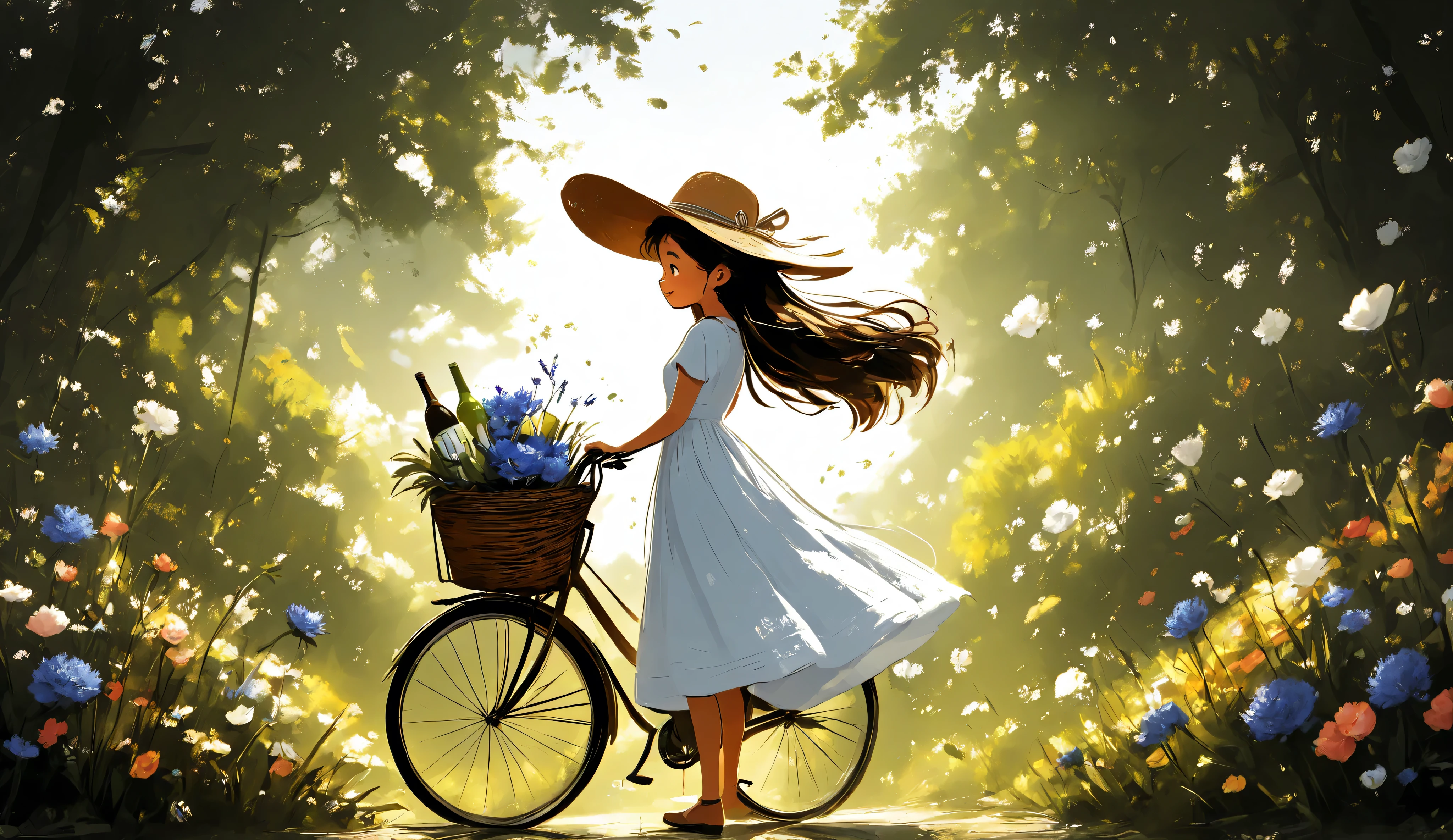 whimsical art style, surreal fantasy, a close up of a girl thin and tall pushing her bicycle on a sunny day, the bicycle's basket carries flowers, a bag, and a bottle of water. The girl is wearing a summer dress, along with a sun hat. Her long hair is blowing in the wind, and she looks happy and smiling. The background is a blooming garden, where giant princess toys, peonies, and lilies are in full bloom fill the background. color palette Brass, Key Lime, Red (RYB), Sapphire, Cornflower Blue