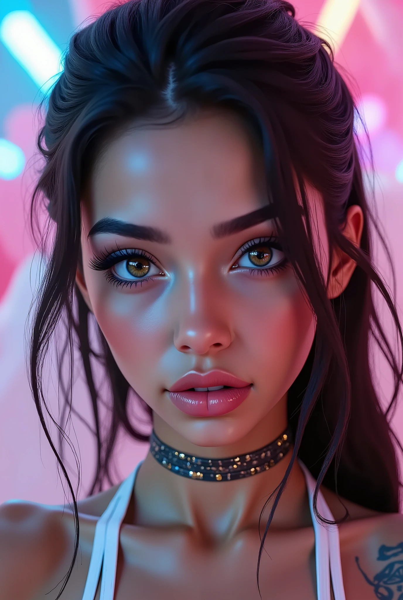 Realistic (Photorealistic realism 16K quality), ((ultra insanel quality, professional extremely detailed digital art)), ((focus on extremely Realistic Proportion Body, Anatomically Correct:1.2)), Beautiful Girl, ultra details, UHD, ((sharp focus, no blurry eyes, high resolution, absurd quality, Realistic brown_eyes:1.4),intricately detail:1.35),((extremely fine details eyes))((extra narrow eyebrows))(extremely fine details pupils).,(ultra realistic texture details: velvety skin, hair),((open mouth, joyful expression)),((perfect dark_eyeshadows:1.4)),(apply glossy red_lipstick:1.3),(perfect proportions:1.2),(anatomically correct), perfect female body, full bodyesbian, ((Beautiful long legs in good style:1.35)), ((no bra, no panties:1.3)), (medium butt), (skinny body build),(perfect hot model body:1.4), ((slim belly: 1.2)), (muscular body), (Beautiful bikini, made of PVC ribbon), ((Micro Slingshot Swimsuit: 1.25)), ((Wear Micro Sling Made of ((ultra Narrow,, Sparkly neon)), Tight, PVC Ribbon: 1.3)), ((dark Hair,Long Hair,two side up,Crossed bangs,between hair)), arms tattoo,((micro skirt)),angelic cute face,white teeth, perfect beauty, long eyelashes, (neon pink lips), oiled skin (psychedelic narcotic background, paranoia background), dslr, high quality split lighting, sharp focus captured by Fujifilm XT3, f 5.6,(perfect composition),((look at the viewer)), ((Bare feet in the foreground:1.33)),((sits down:1.3)),