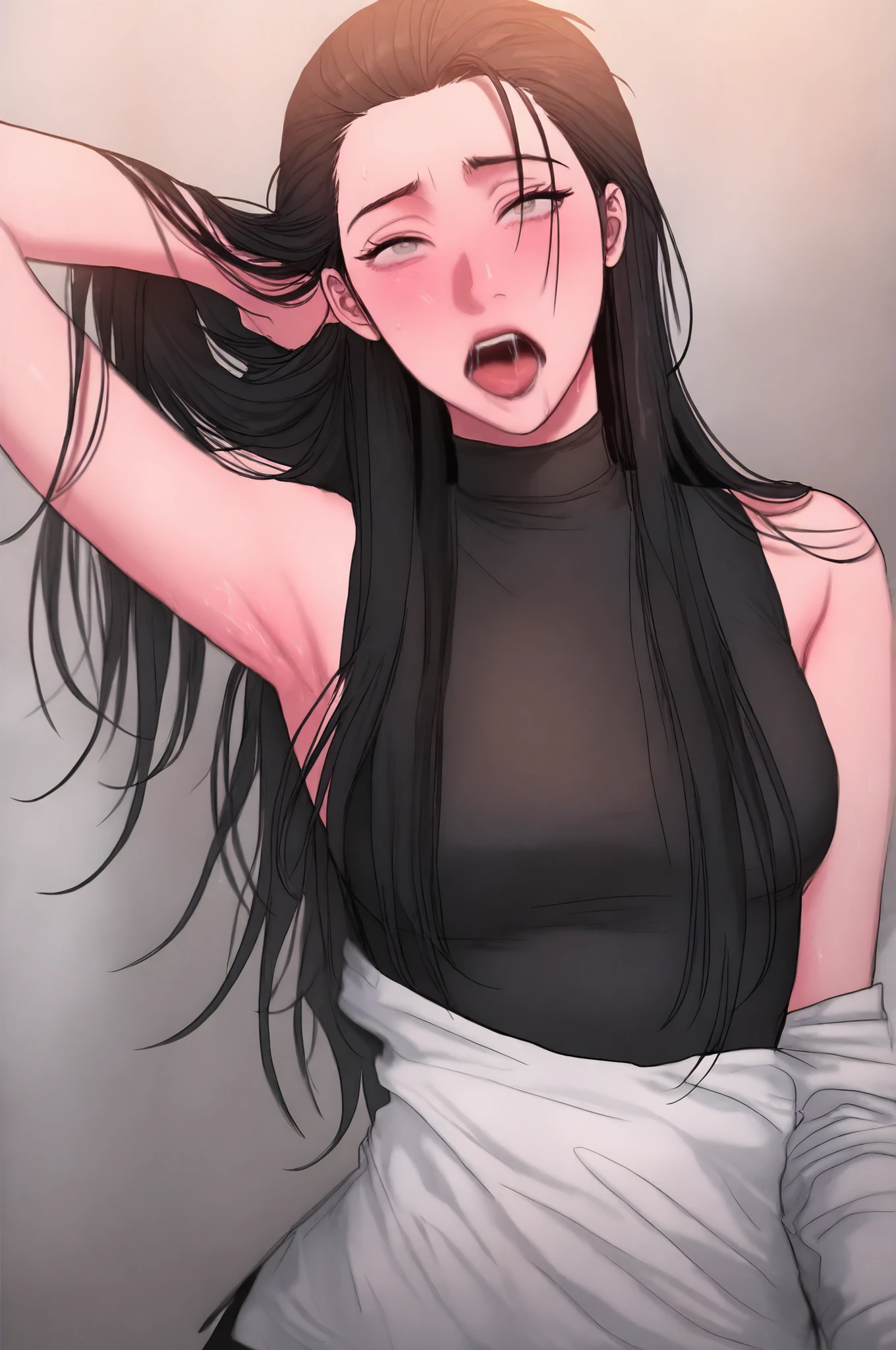 cinematic, masterpiece, ultra-detailed, best quality, absurdres, highres, newest,1girl, solo, kang yuna, black hair, grey eyes, white shirt, black shirt, turtleneck, sleeveless, arm up, armpit, hands in hair, slicked back hair, hair pushed back, looking at viewer, ahegao,