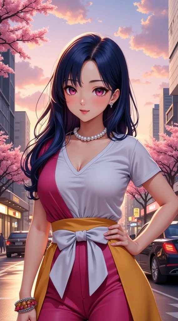 (masterpiece, computer, mejor quality, Clear focus, shadow, anime style, ultra high resolution, 8K, perfect anatomy, rostro perfecto, (detailed face), ( Detailed eye ), score_9, score_8_up, score_7_up, score_6_up, score_5_up, score_4_up, source _Animated, Label 1, Label2, quality_masterpiece, anatomically correct, beautiful face, rostro perfecto, Beautiful and highly detailed face and eyes, Attractive face, detailed face, delicate facial features, detailed leather, pechos enormes, breast size cup D or DD, wide hips, gigantic butt texture, thick thighs. vibrant colors and attention to detail in clothes and expression {x} The background shows a Korean urban street with a warm sunset light and a soft sky {x} vibrant colors and attention to detail in clothes and expression {x} The background shows a Korean urban street with a warm sunset light and a soft sky {x} vibrant colors and attention to detail in clothes and expression {x} The background shows a Korean urban street with a warm sunset light and a soft sky {x} vibrant colors modern buildings {x} Your outfit is adorned with a golden yellow belt tied with a large white ribbon {x} She wears a tight red and orange dress combined with a shorter pink skirt {x} Anime-style illustration of a beautiful woman with an elegant and sensual look posing confidently on a modern urban street with blossoming cherry trees. has long , smooth and dark blue, adorned with a pink ribbon on one side. Her eyes are large and bright magenta, with a playful and flirty expression. The background shows a Korean urban street with a warm sunset light and a soft sky. vibrant colors and attention to detail in clothes and expression. She has a necklace of large pearls, matching rings and a white t-shirt under the dress. The background shows a Korean urban street with a warm evening light and a soft sky, streetlights, cars and road signs, all under a warm evening light and a soft sky. Estilo artístico tipo anime de alta quality, Realistic lighting, vibrant colors and attention to detail in clothes and expression.