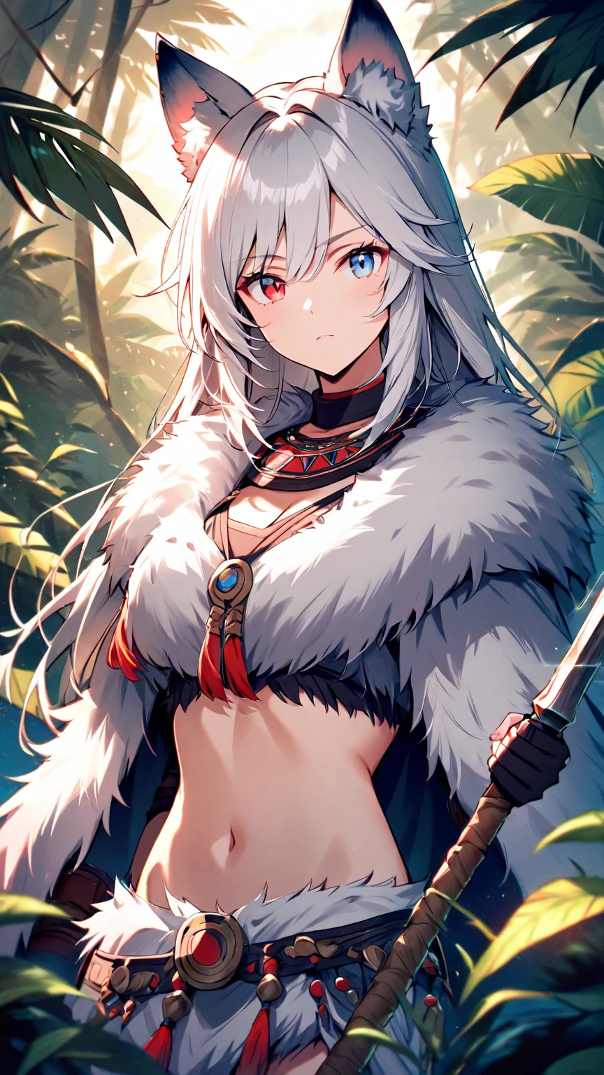 masterpiece, best quality, expressive eyes, perfect face,  (cowboy shot), ghislaine_mushoku_tensei, dark skin, dark-skinned female, long hair, grey hair, red eye, one-eyed, cat ears, fur coat, red bandeau, red choker, forest, lake, sky, green pants
