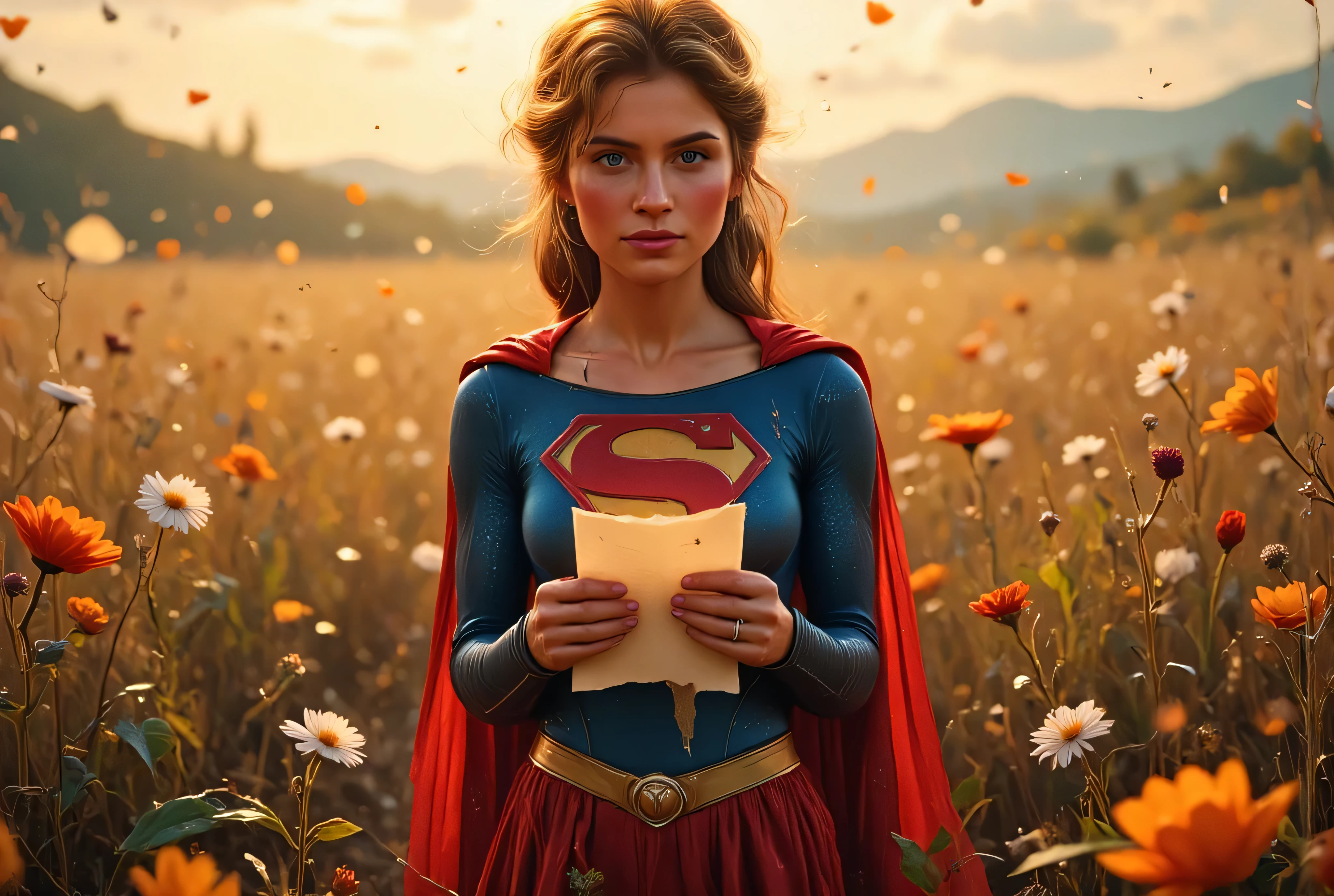 Helen Slater as Supergirl standing alone in a flower-filled field at golden hour, gently holding and reading a handwritten love letter, soft blush on her cheeks, tearful eyes full of joy, cape glowing in the light, painterly realism, romantic ambiance, peaceful and heartfelt, 4k resolution