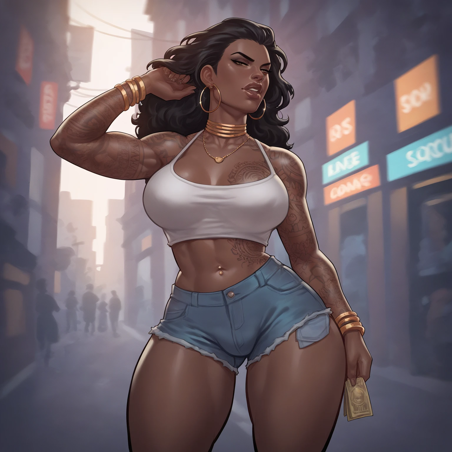 a very sexy curvy black woman, beautiful detailed eyes, beautiful detailed lips, extremely detailed face and body, long eyelashes, tanned skin, tight white tank top, tight black pants, cinched waist, hourglass figure, alluring expression, photorealistic, 8k, hyper detailed, masterpiece, chiaroscuro lighting, dramatic shadows, warm color palette, has dreadlocks, has big lips