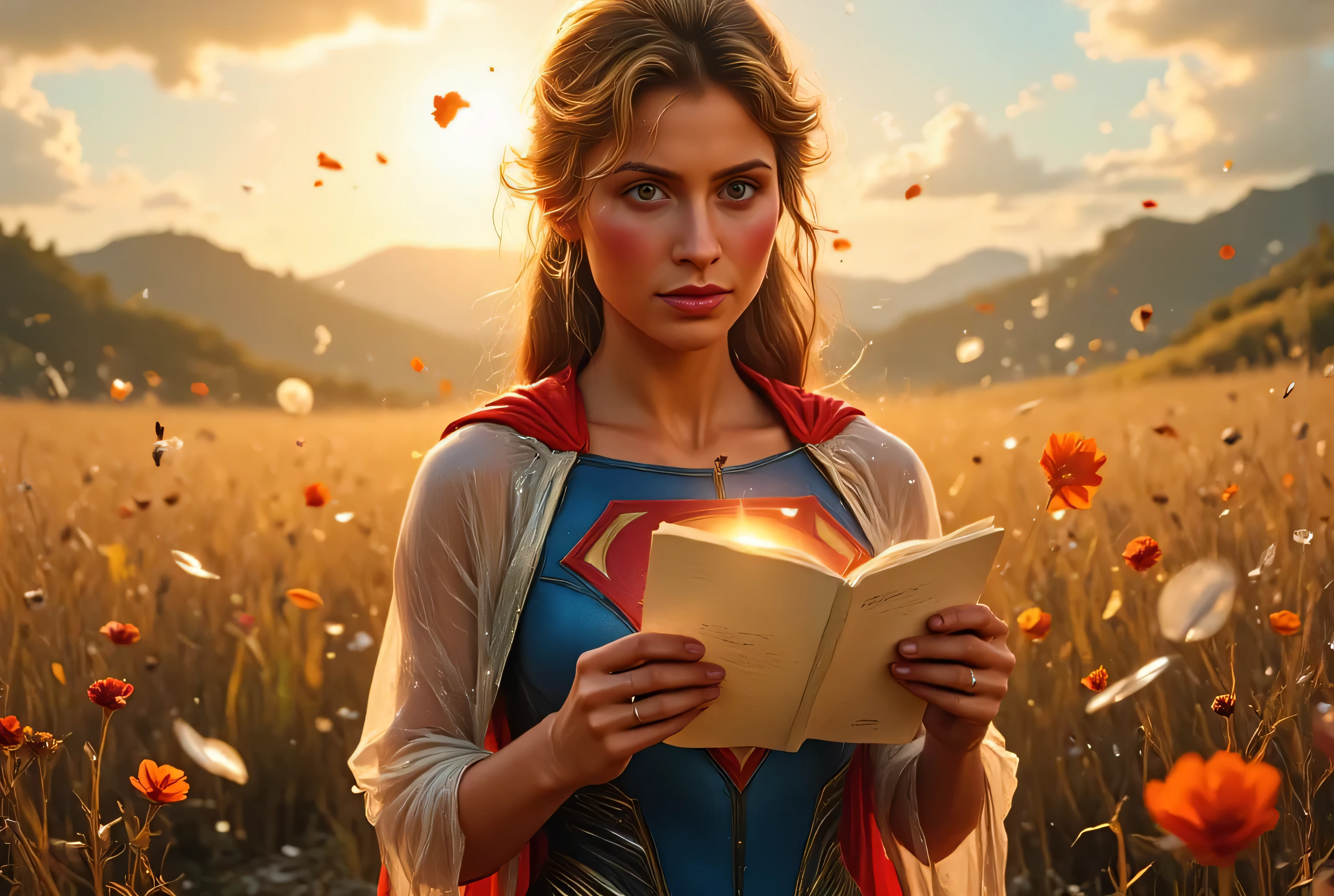 Helen Slater as Supergirl standing alone in a flower-filled field at golden hour, gently holding and reading a handwritten love letter, soft blush on her cheeks, tearful eyes full of joy, cape glowing in the light, painterly realism, romantic ambiance, peaceful and heartfelt, 4k resolution