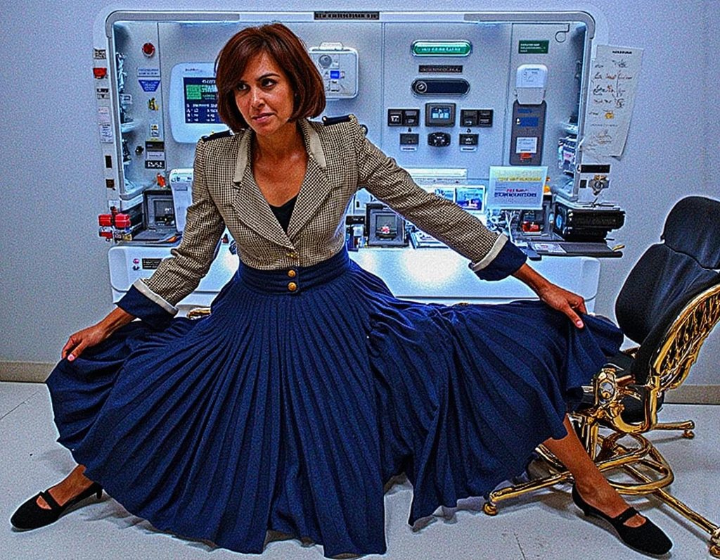 85mm photograph of a Shy, Compassionate, kind, empathic, happy, long haired, beautiful and attractive woman, Sapphic Space Lesbian Kamala Harris is fixing spaceships, lifting skirts, exploring space, investigating anomalies, doing scientific R&D, attending council meetings, conducting espionage, conducting archeological excavations, investigating astral rifts, wearing her (long pleated full circle skirt), uniform jacket and (woman's low heel office shoes), (pronounced (feminine) features), (very windy), skirt is flowing wildly in the wind, lesbian space station, sci-fi, skirts in space, loves women wearing skirts, wants to kiss girls, adores skirts, women wearing skirts, empathy, compassion, romance and love, (pronounced (girly) features), (highly detailed ultra accurate realistic) hands and fingers, (windy), epic composition, highly detailed attributes, (35mm f1.4 Kodak portra 400 photograph), extremely high quality RAW photograph, highly detailed atmosphere, sci-fi, cinematic shot, dynamic lighting, 75mm, Technicolor, Panavision, cinemascope, sharp focus, fine details, 8k, HDR, realism, realistic, key visual, film still, superb cinematic color grading, depth of field 