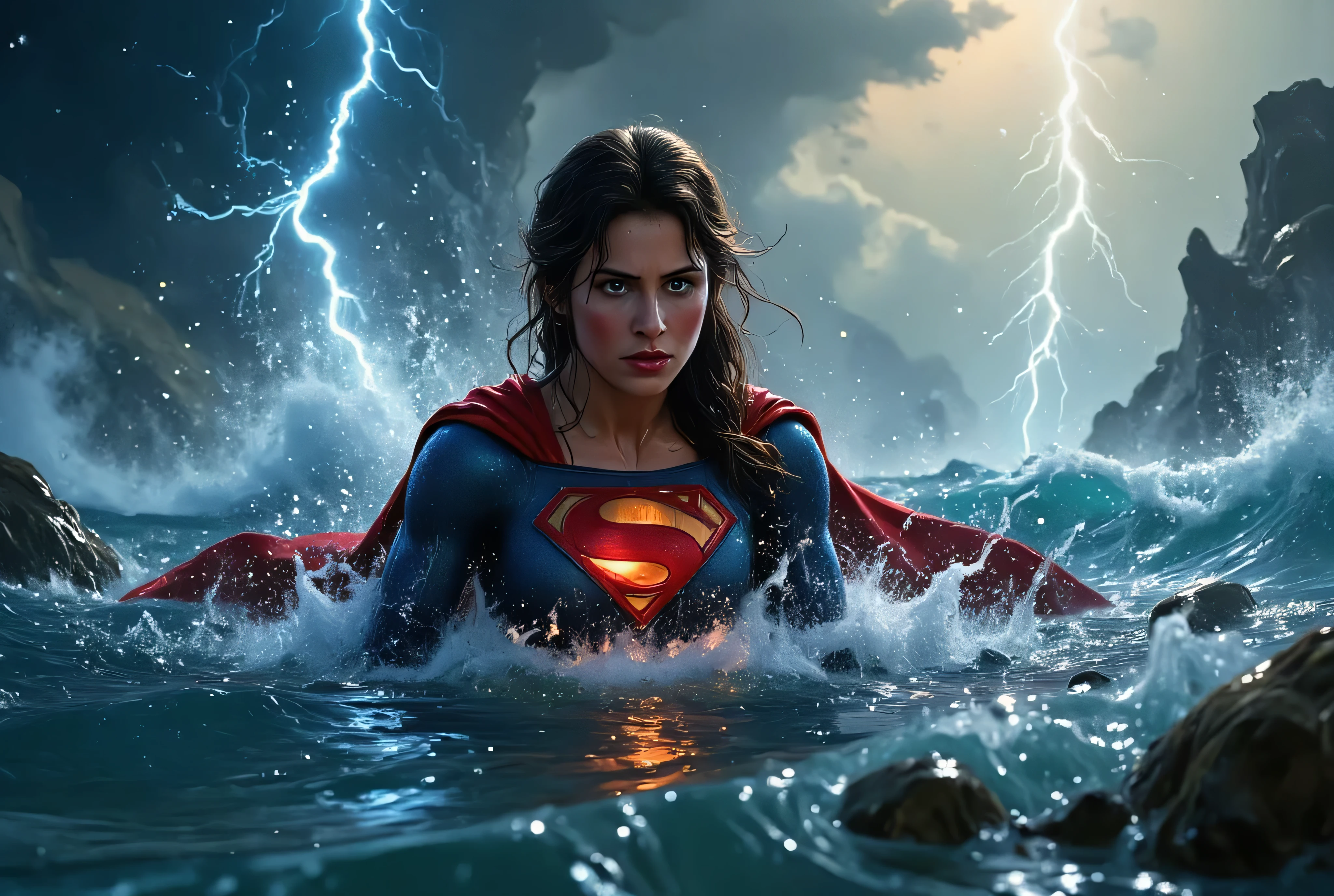 Supergirl struggling in the middle of a violent ocean storm, huge waves crashing over her, cape tangled in the water, glowing red emblem barely visible beneath the surface, lighting flashes illuminating her exhausted face, painterly realism, high tension survival moment, wide landscape framing, 4k high-resolution