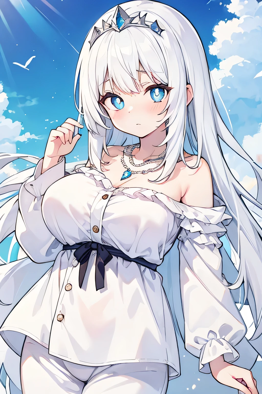 (masterpiece:1.4、top-quality、illustration:,realistic、)、(character focus、,upper body1.3)、(1girl),(clear face:1.3),(),cute face,blue eyes、(tareme:1.3)、(),
(),(stand:1.4)、(),、
(white hair),(long hair:1.5)、
,(meadow:1.3),（white camisole neat dress:1.5),
(blunt bangs),(sidelocks:1.3), (large breasts:1.5)、
、slender、