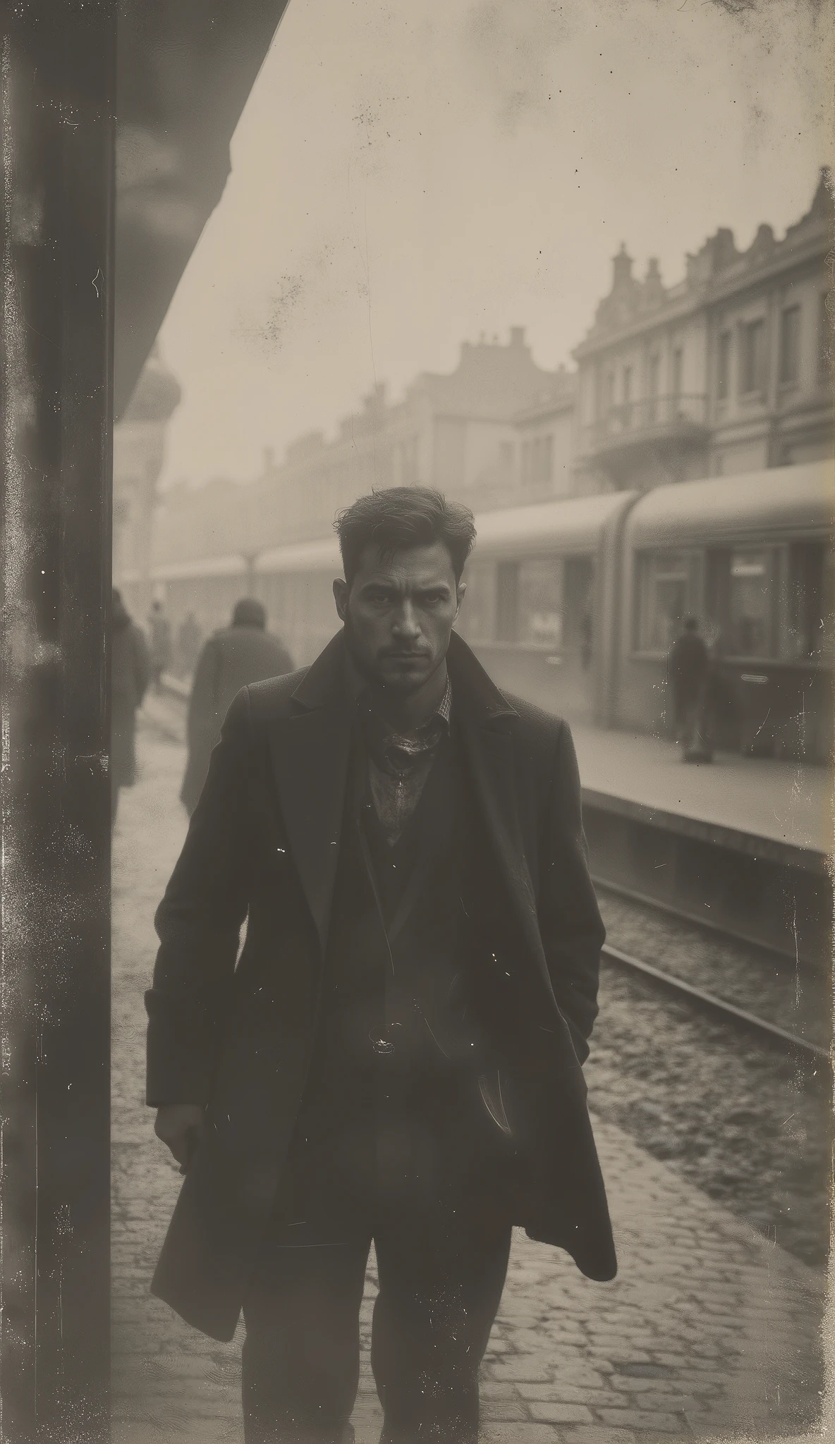 Man dressed in a suit at the old train station 1930, As the fog clears, vintage style with soft and melancholic lighting.