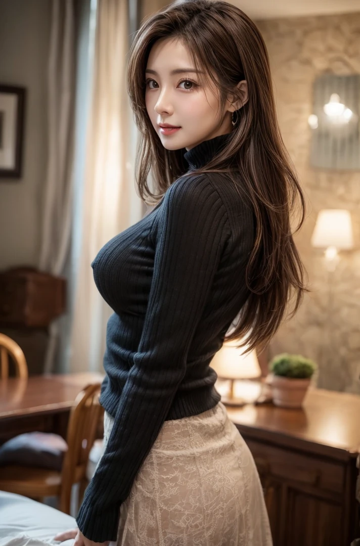 8K, Best Quality, masutepiece:1.2), (Photorealistic:1.4), Raw photo, Best Quality, 超A high resolution a beauty girl off-shoulder knit Leather skirt Beautiful butt 爆乳 cleavage of the breast Panchira sitting on Rear